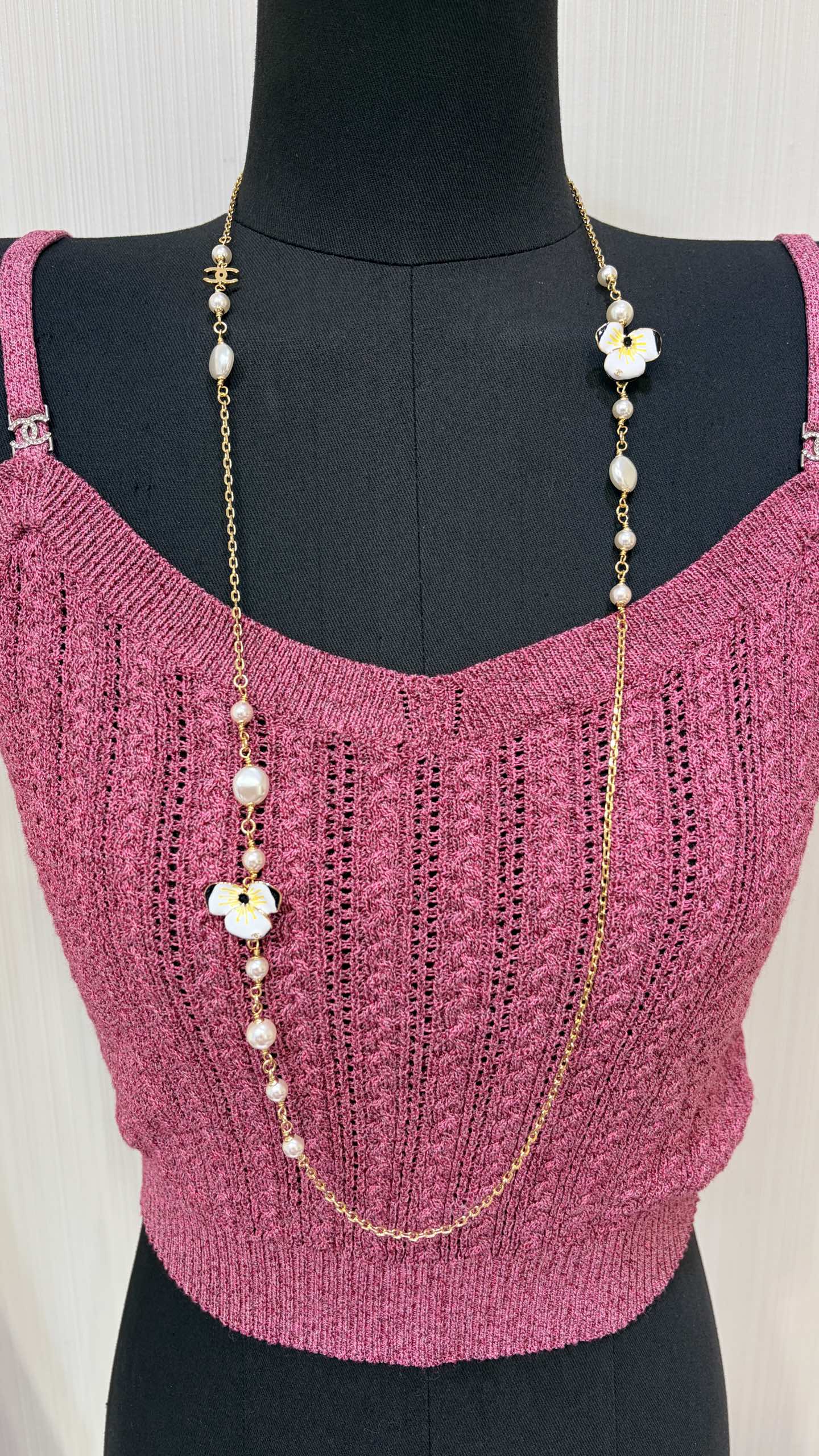 Chanel Gold Chain Necklace with Pearls and Enamel Flowers