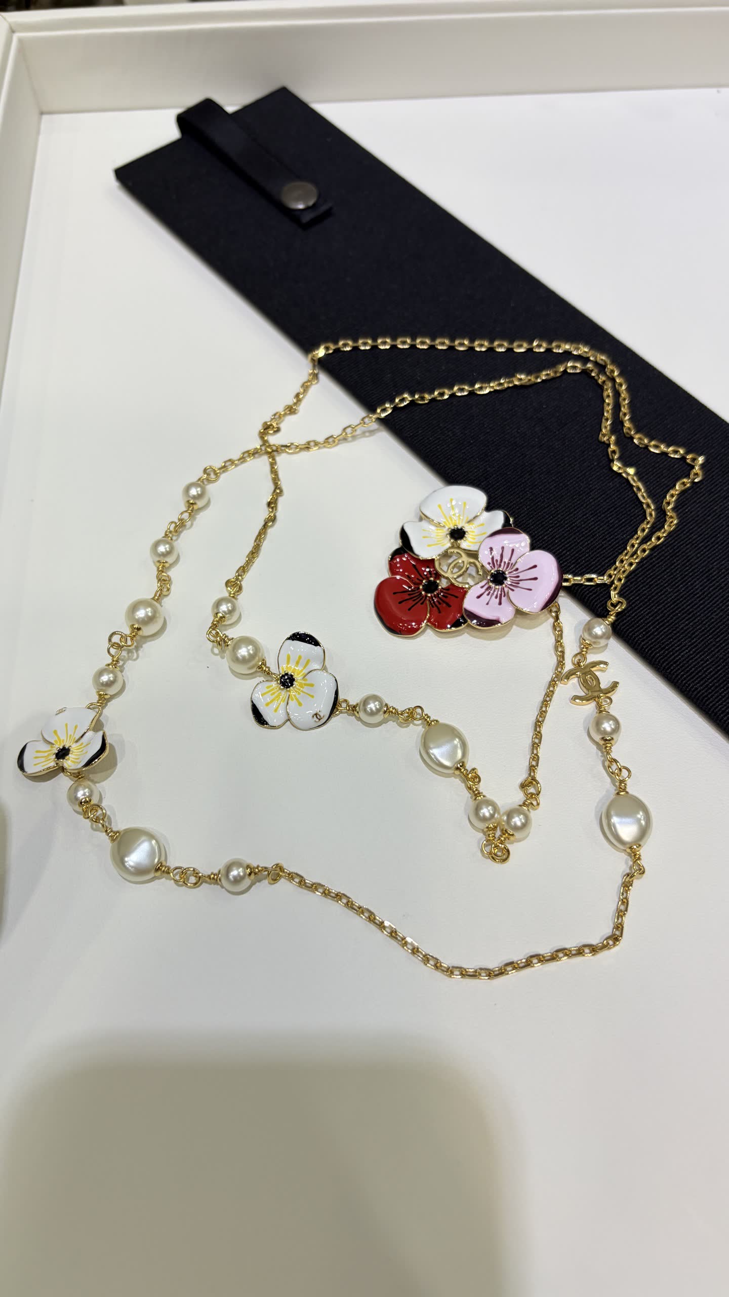 Chanel Gold Chain Necklace with Pearls and Enamel Flowers