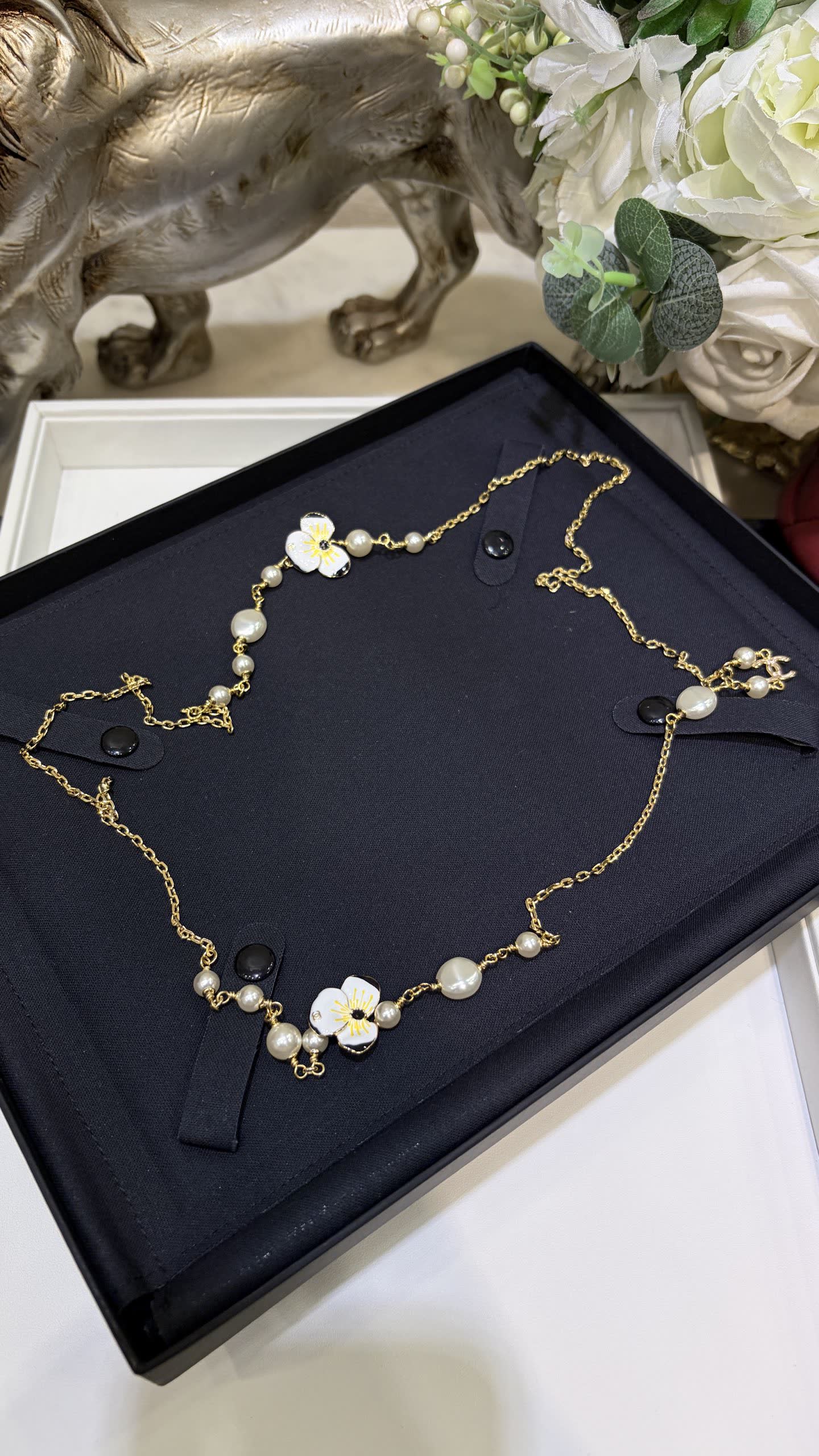 Chanel Gold Chain Necklace with Pearls and Enamel Flowers