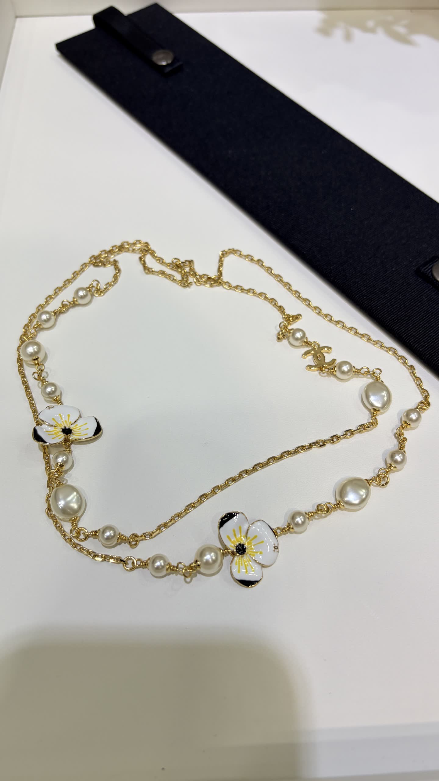 Chanel Gold Chain Necklace with Pearls and Enamel Flowers