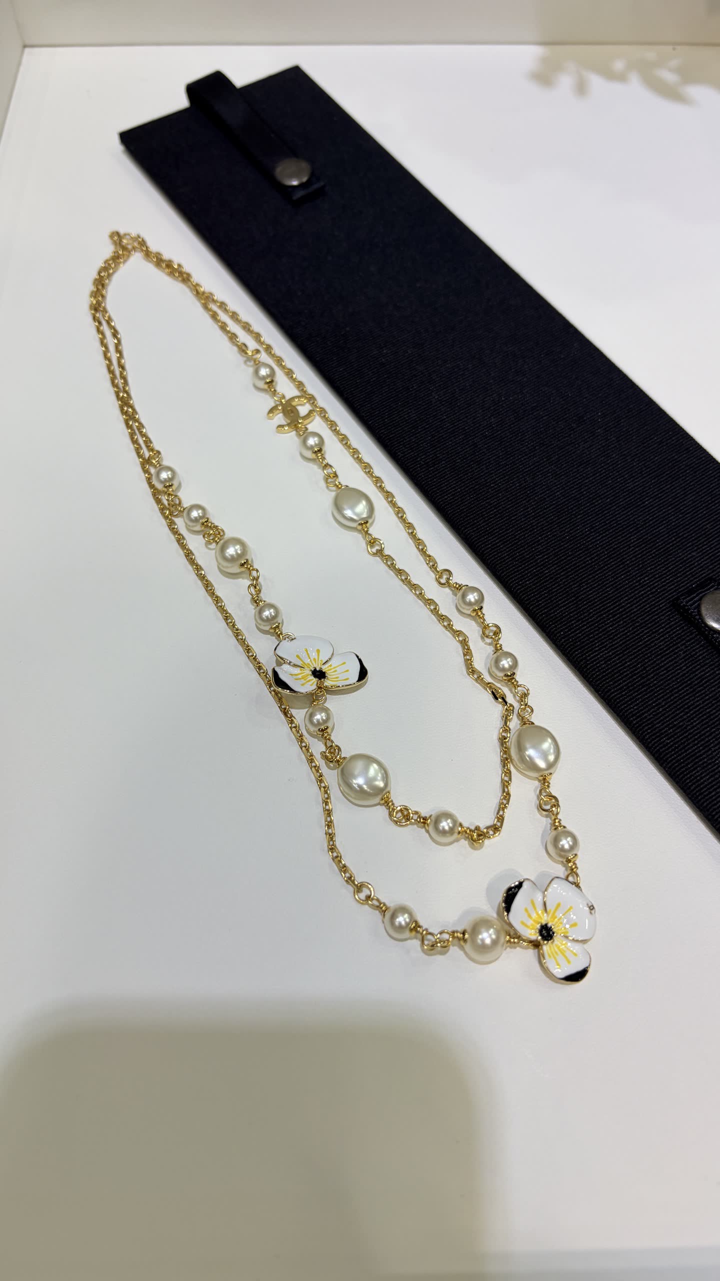 Chanel Gold Chain Necklace with Pearls and Enamel Flowers