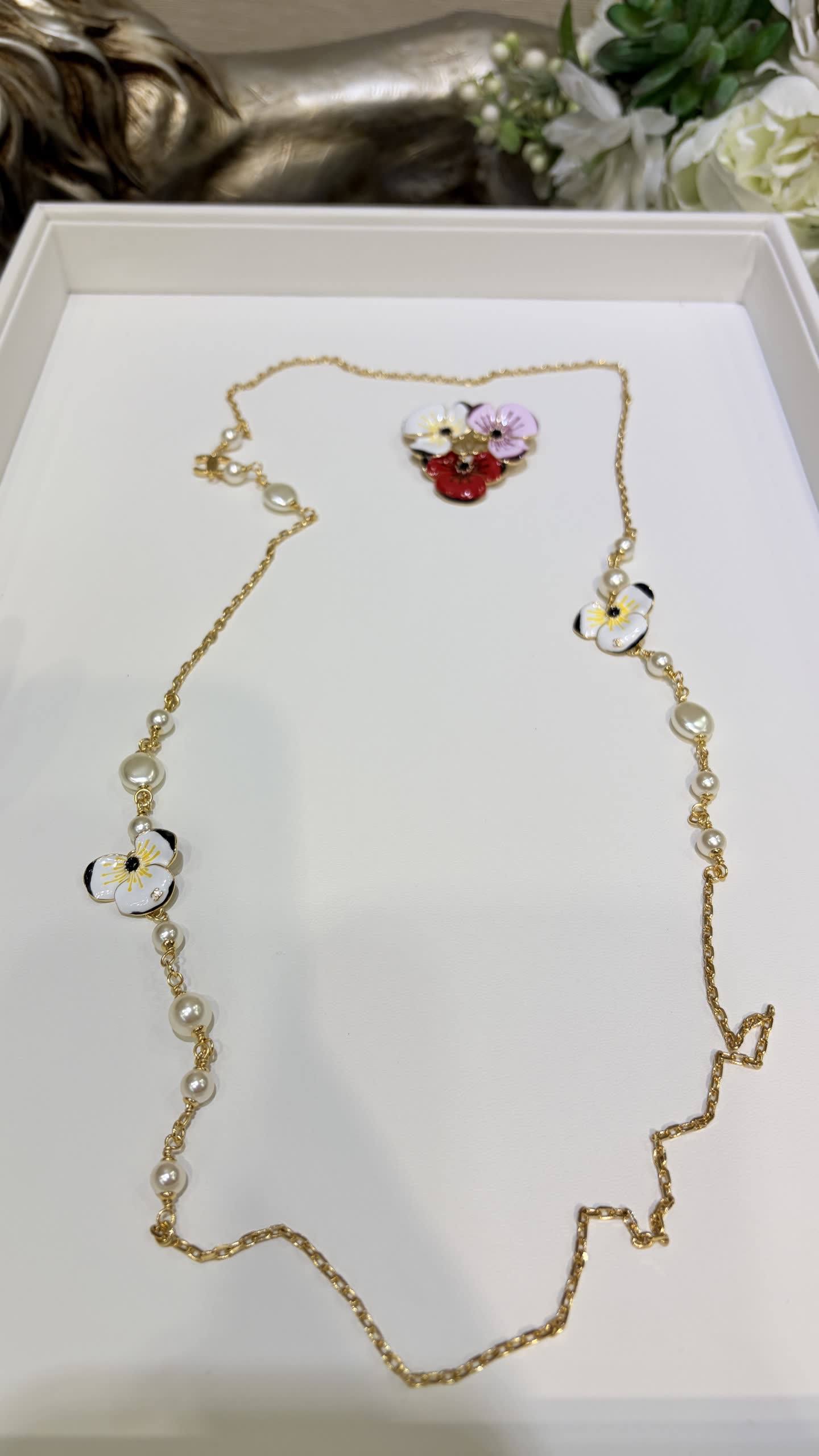 Chanel Gold Chain Necklace with Pearls and Enamel Flowers