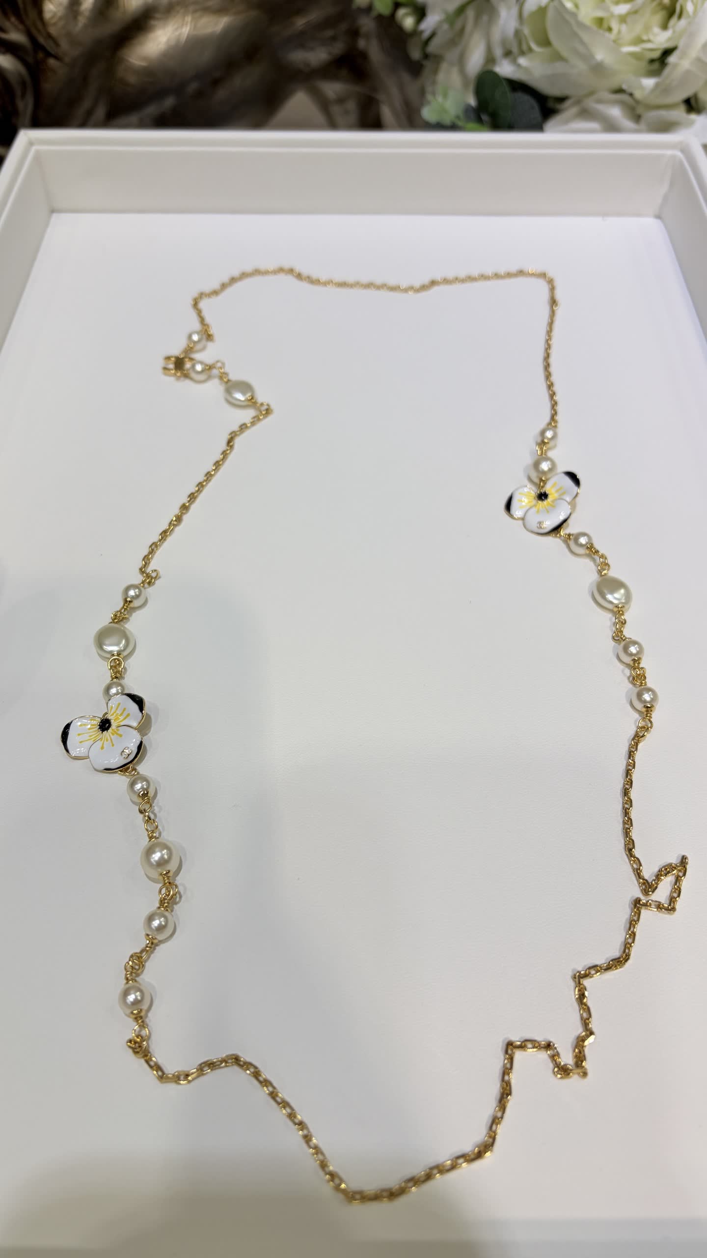 Chanel Gold Chain Necklace with Pearls and Enamel Flowers