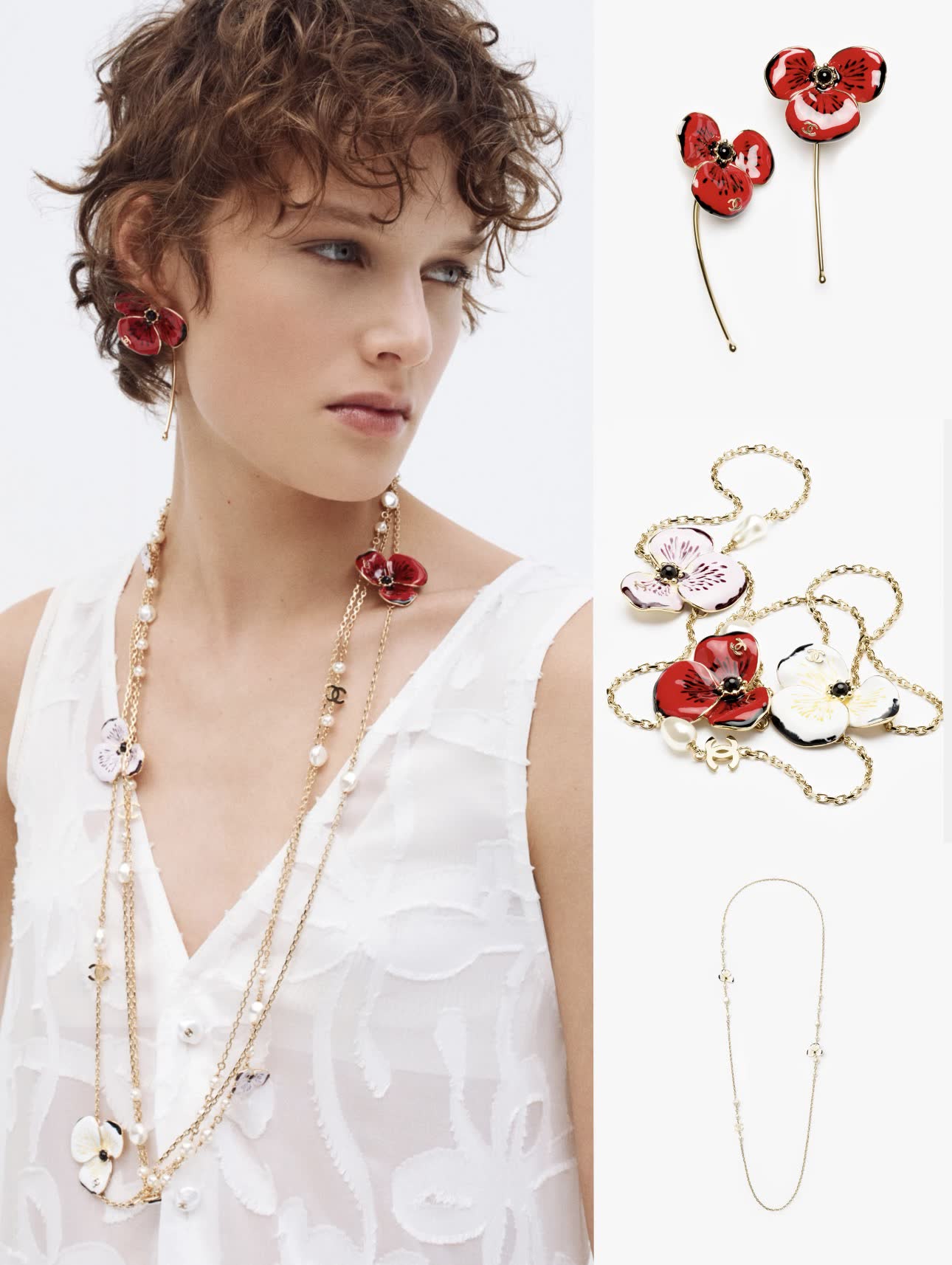 Chanel Gold Chain Necklace with Pearls and Enamel Flowers