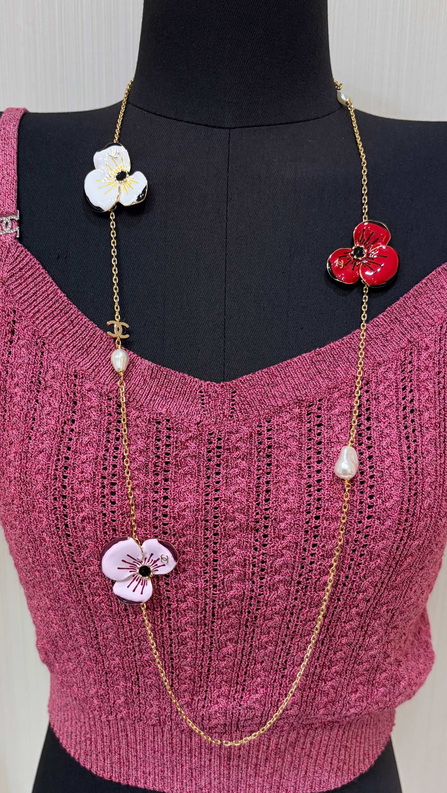 Chanel Floral Enamel and Pearl Necklace