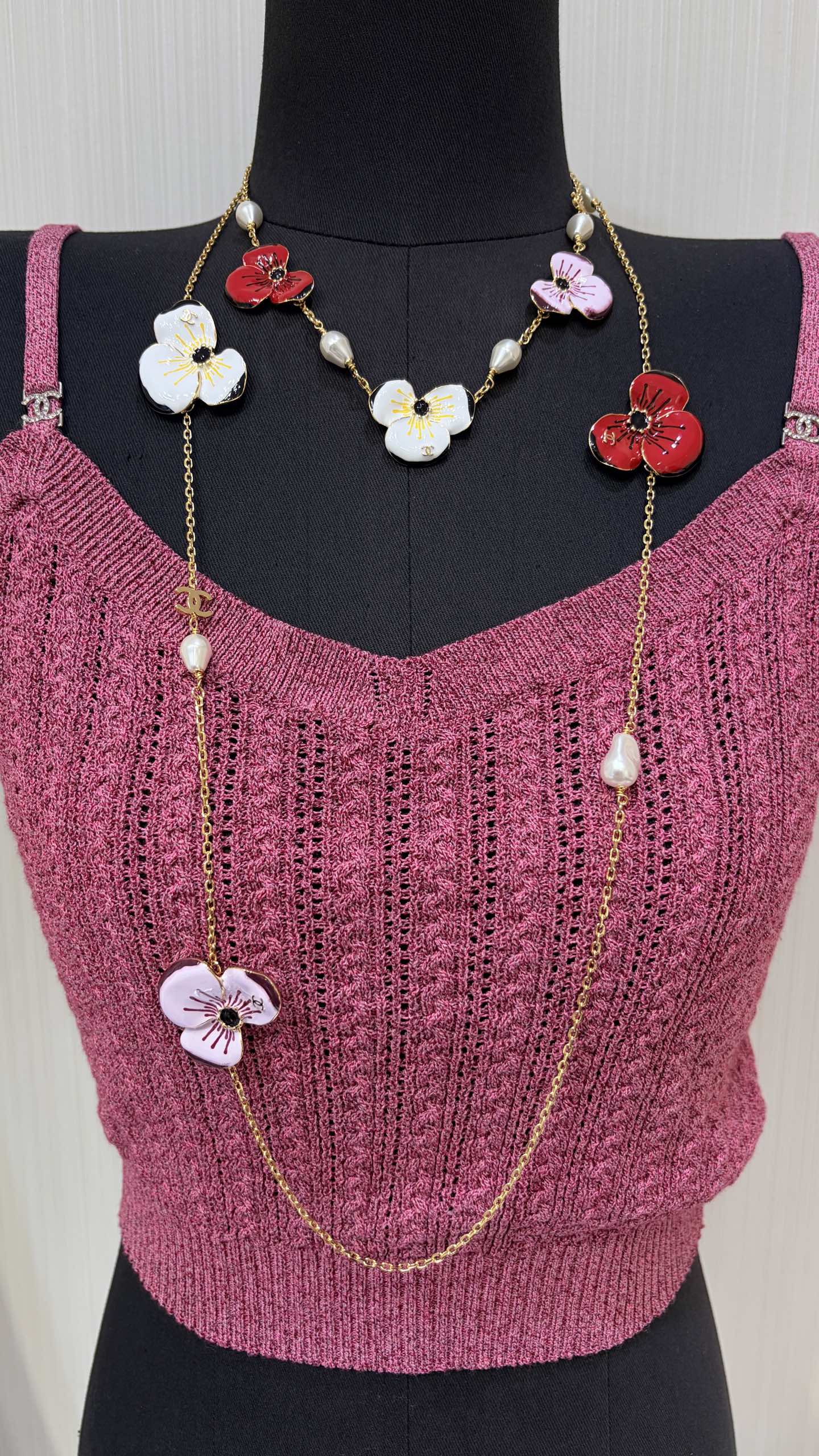 Chanel Floral Enamel and Pearl Necklace