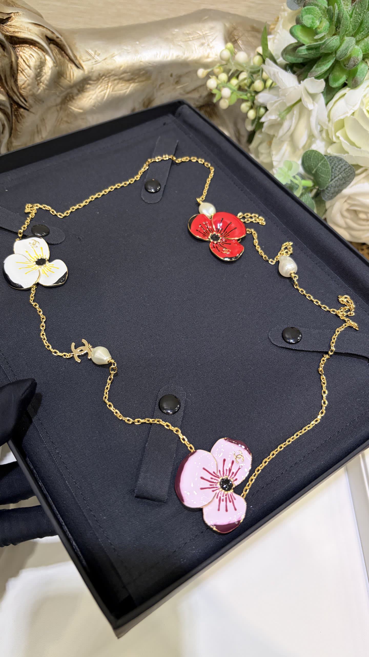 Chanel Floral Enamel and Pearl Necklace