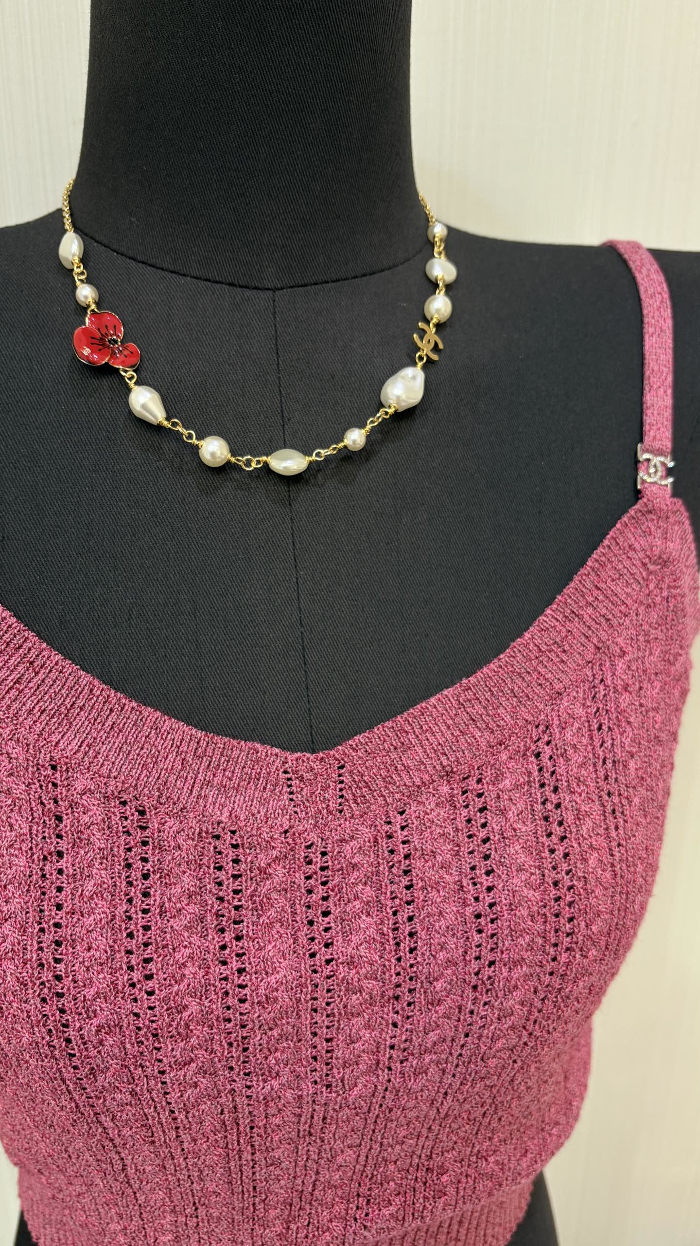 Chanel Red Flower and Pearl Necklace