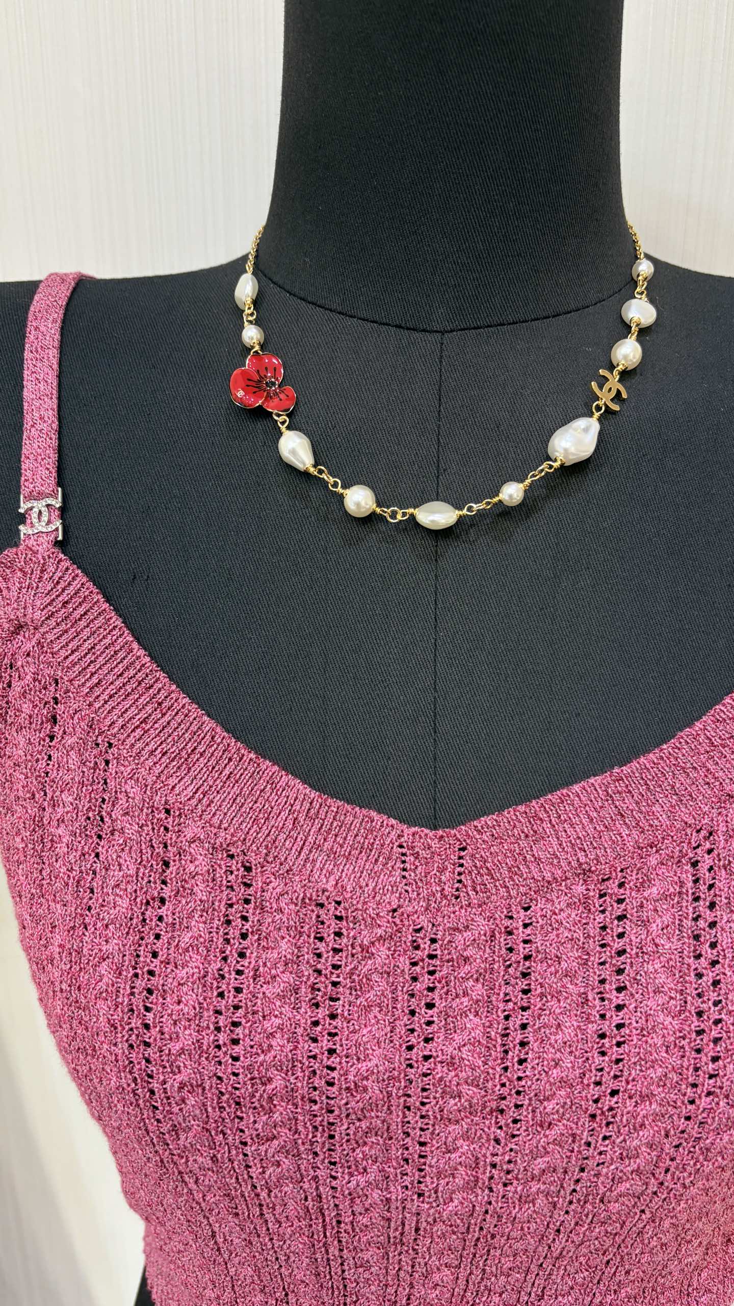 Chanel Red Flower and Pearl Necklace