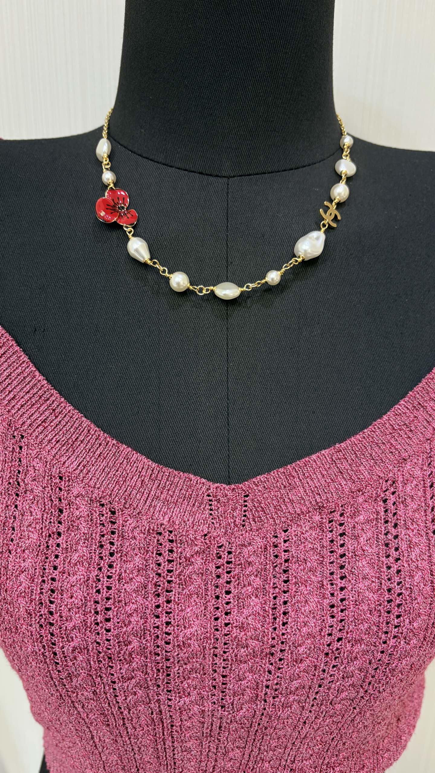 Chanel Red Flower and Pearl Necklace