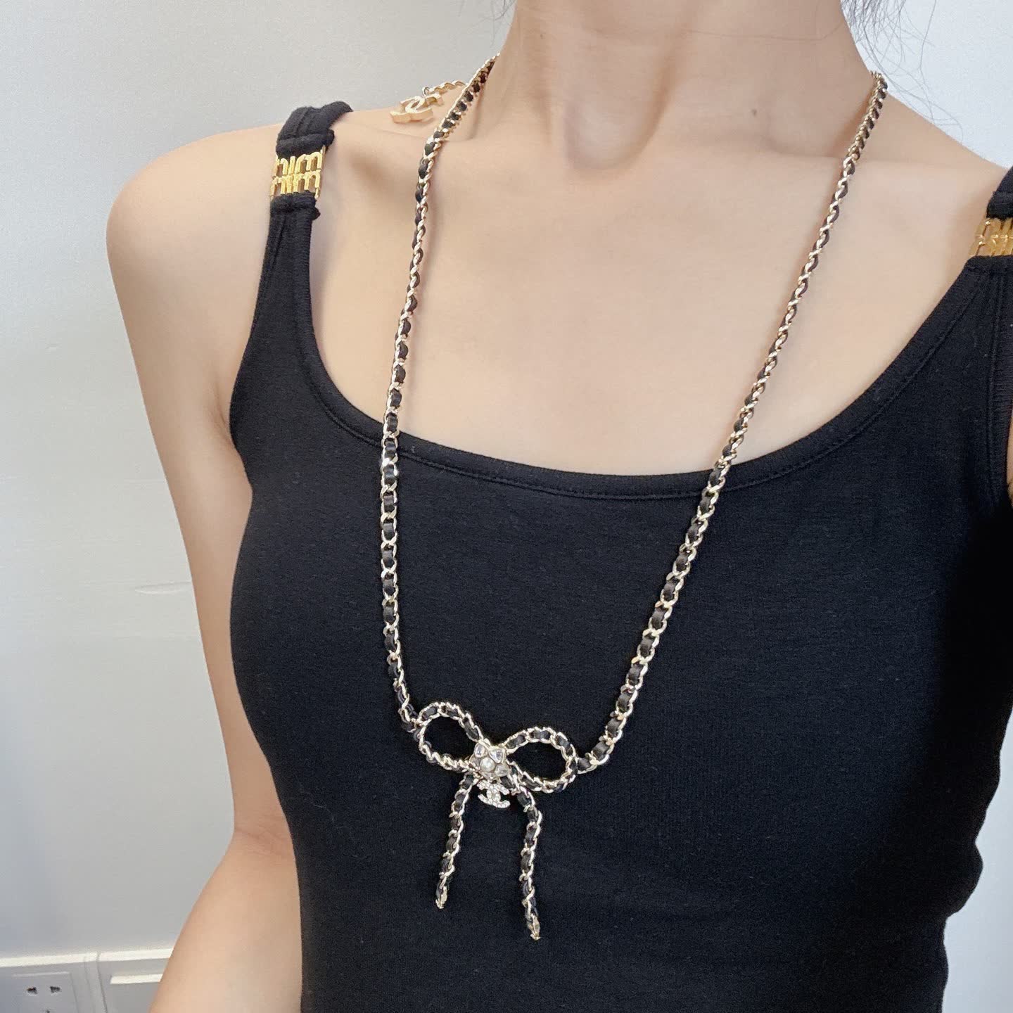 Chanel Black and Gold Chain Necklace with Bow Chanel Black and Gold Chain Necklace with Bow