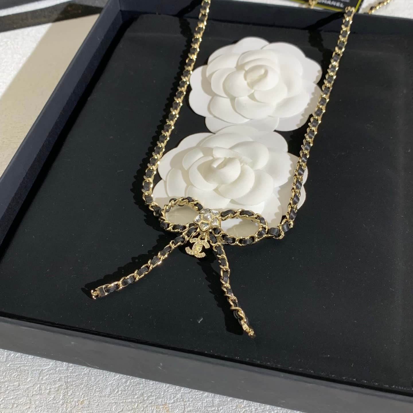 Chanel Black and Gold Chain Necklace with Bow