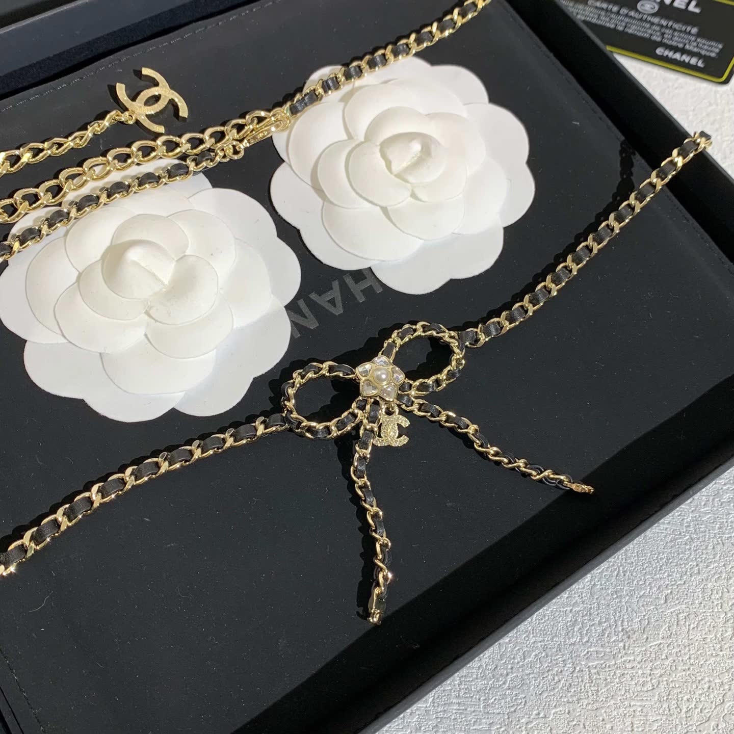 Chanel Black and Gold Chain Necklace with Bow
