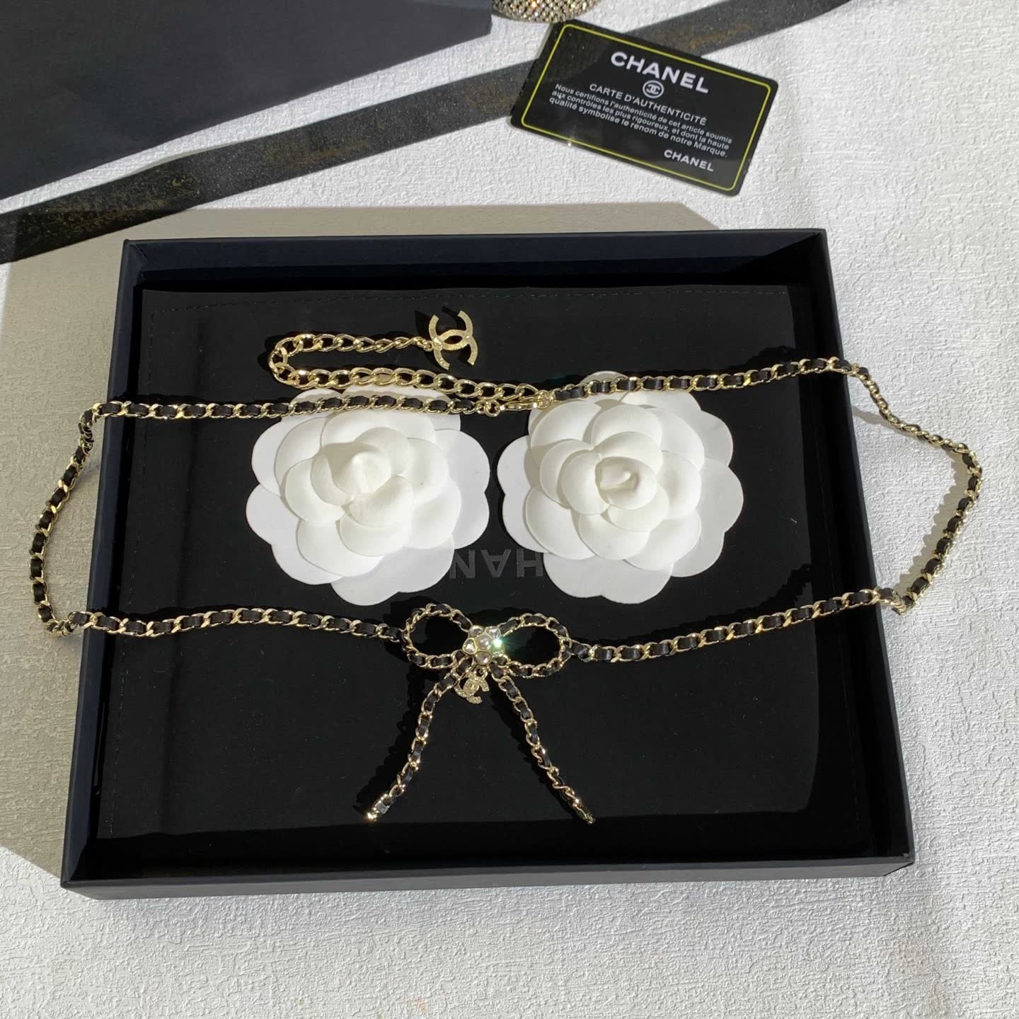 Chanel Black and Gold Chain Necklace with Bow
