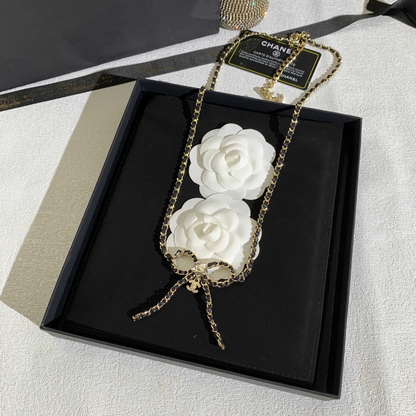 Chanel Black and Gold Chain Necklace with Bow