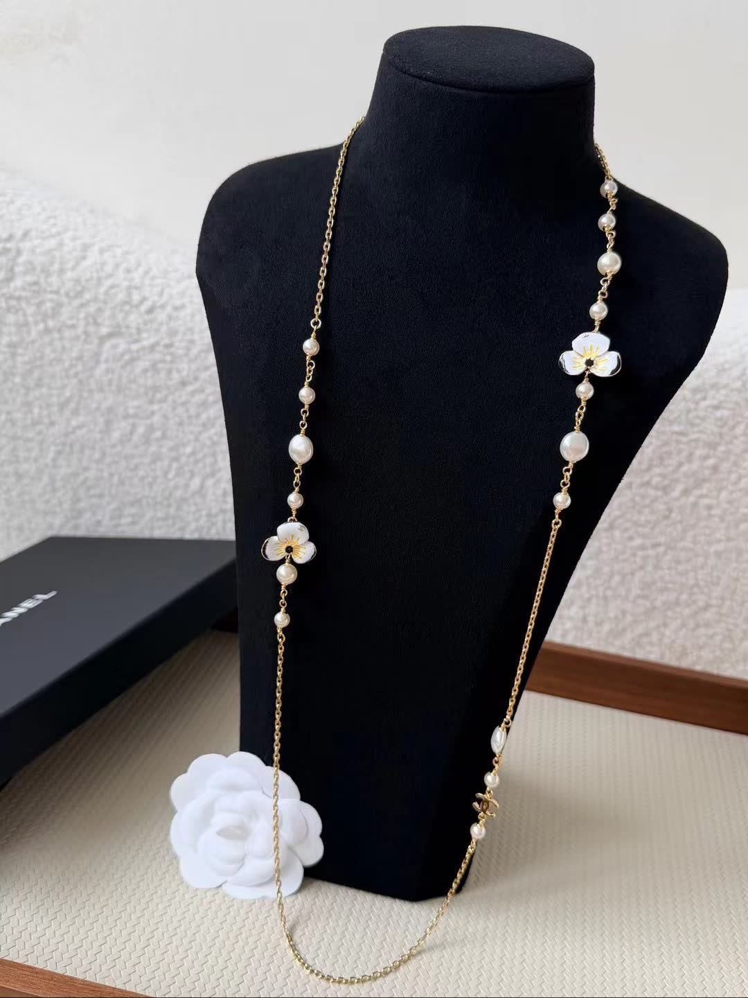 Chanel Long Gold Chain Necklace with Pearls and Enamel Flowers