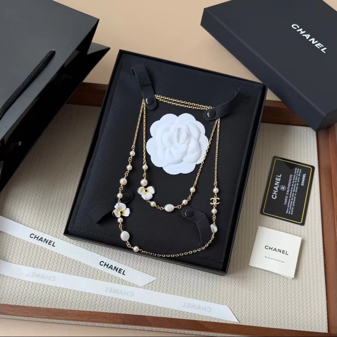 Chanel Long Gold Chain Necklace with Pearls and Enamel Flowers