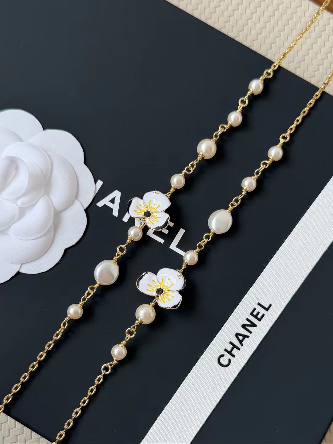 Chanel Long Gold Chain Necklace with Pearls and Enamel Flowers
