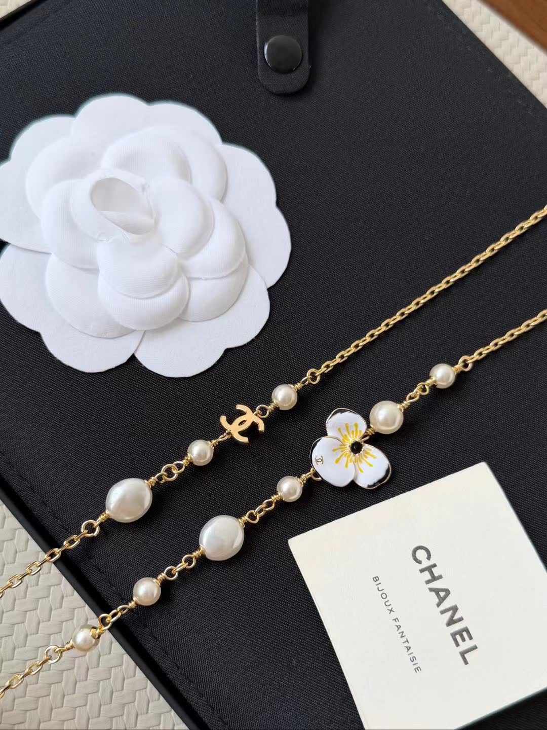 Chanel Long Gold Chain Necklace with Pearls and Enamel Flowers