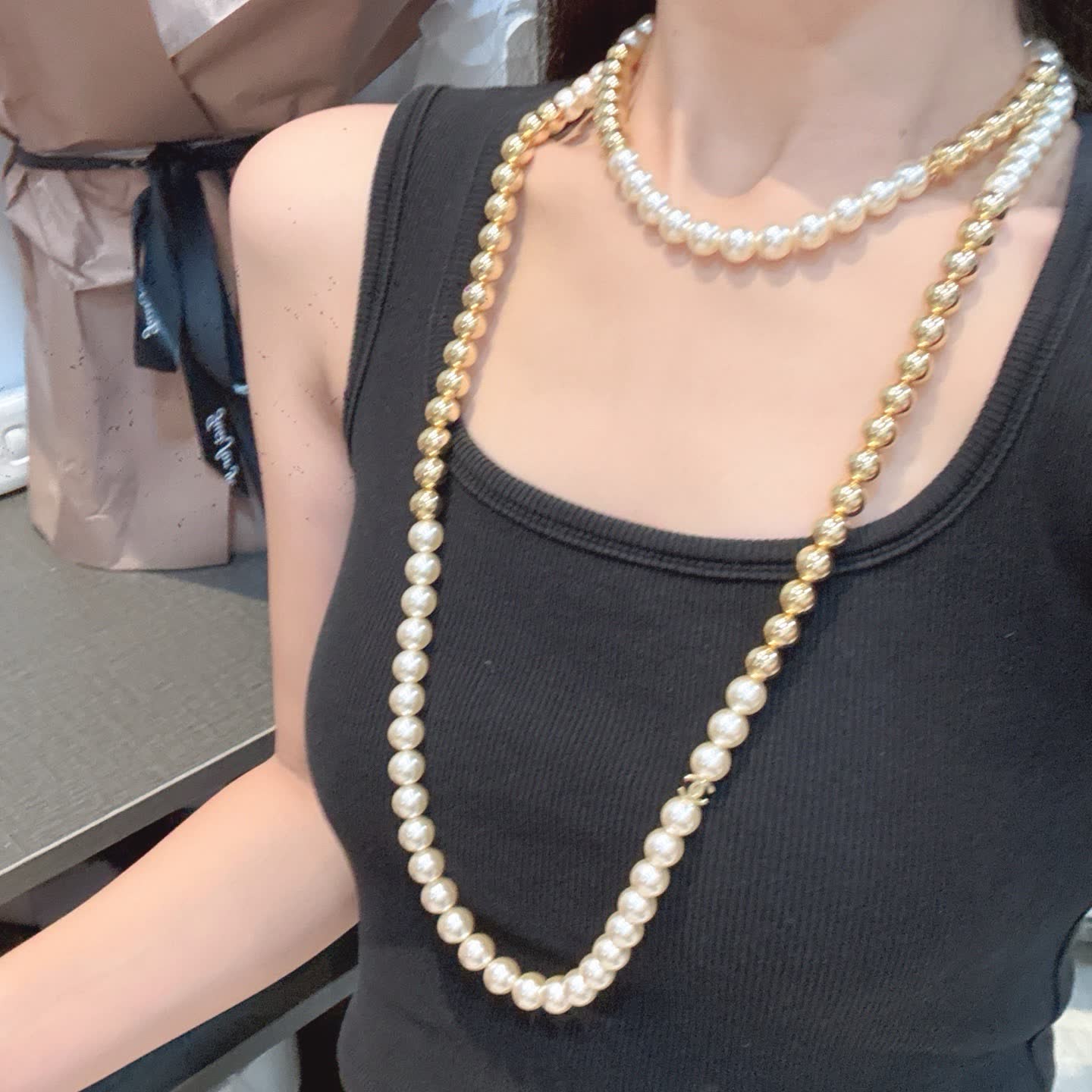 Chanel Elegant Gold and Pearl Necklace Set