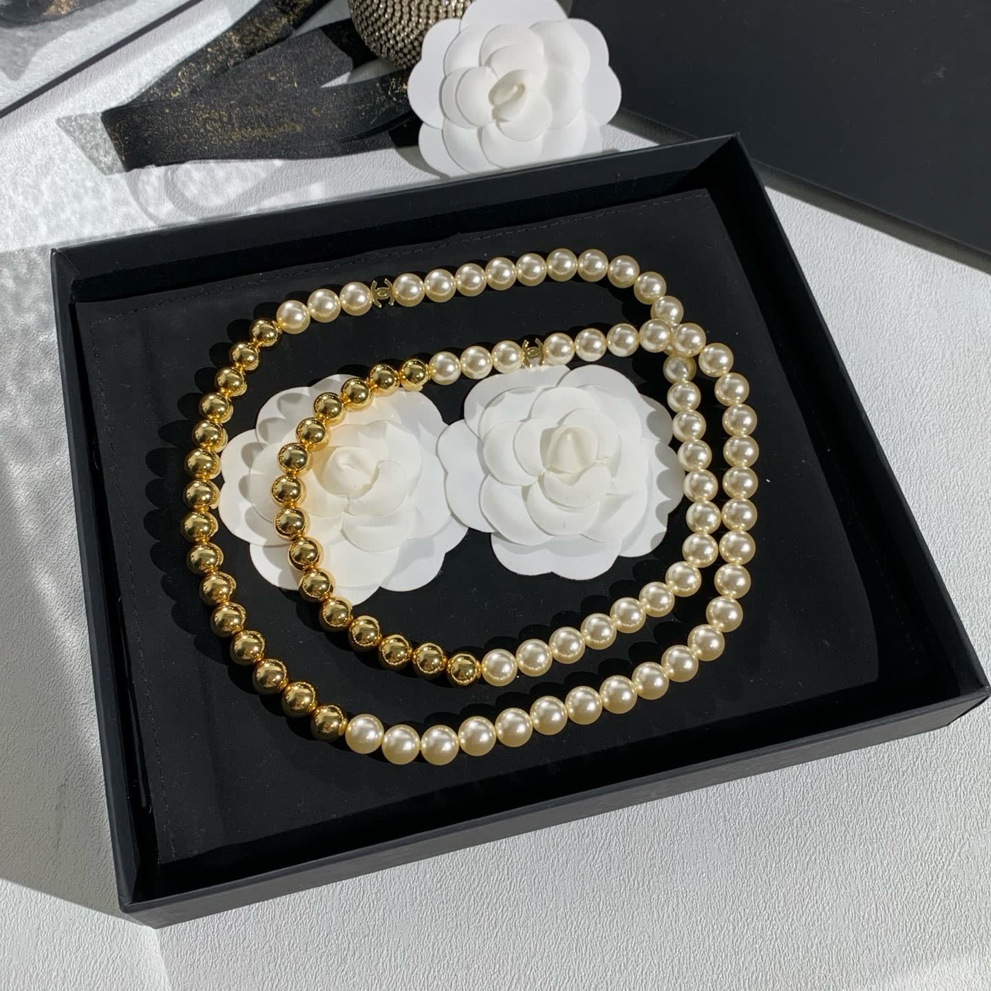 Chanel Elegant Gold and Pearl Necklace Set