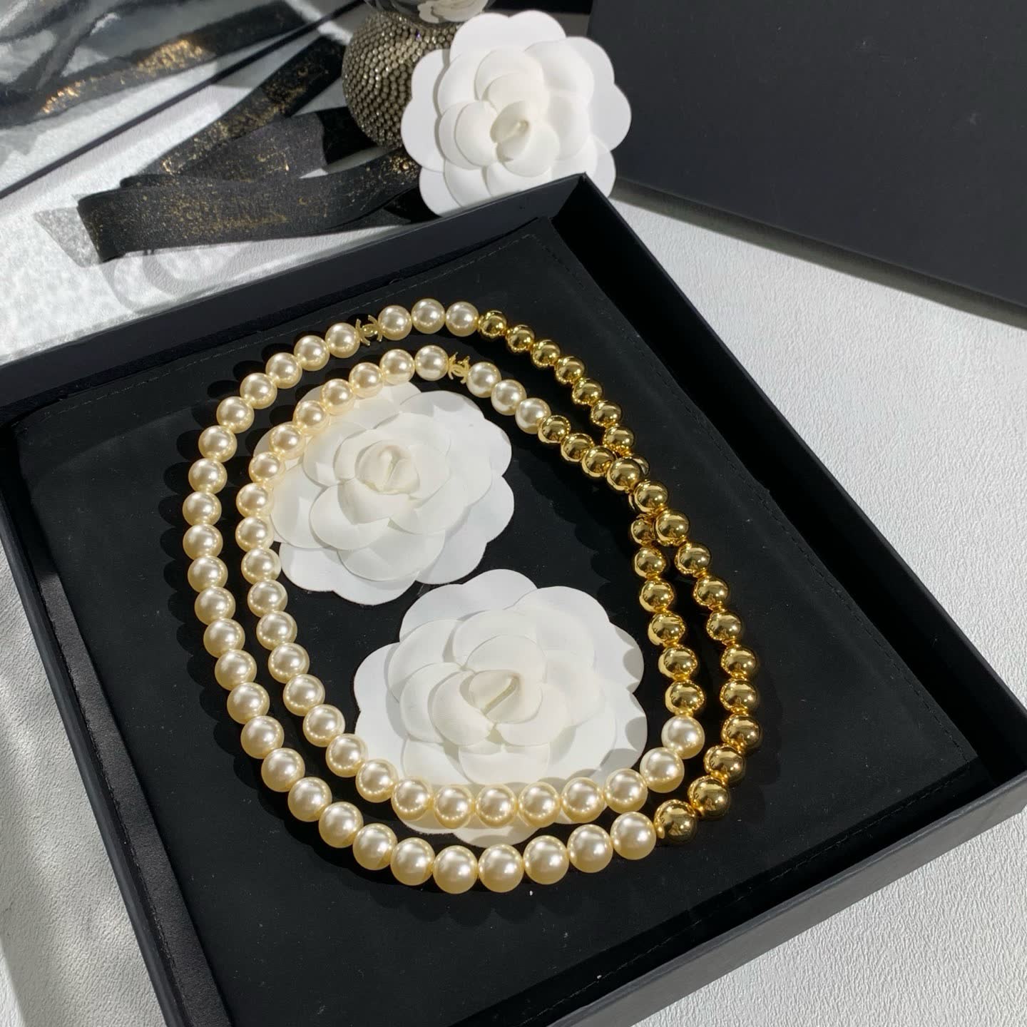Chanel Elegant Gold and Pearl Necklace Set