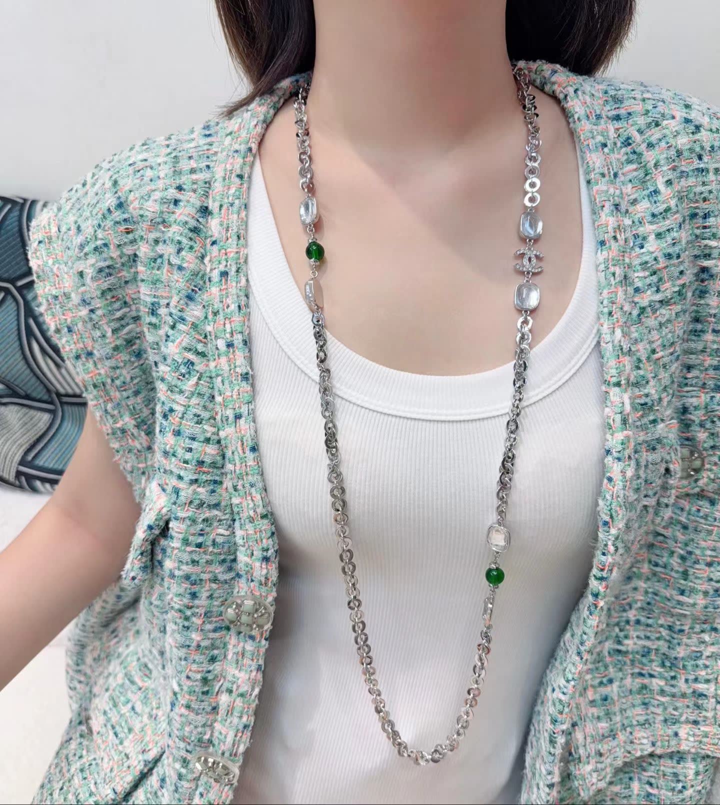 Chanel CC Logo Chain Necklace with Gemstones Chanel CC Logo Chain Necklace with Gemstones
