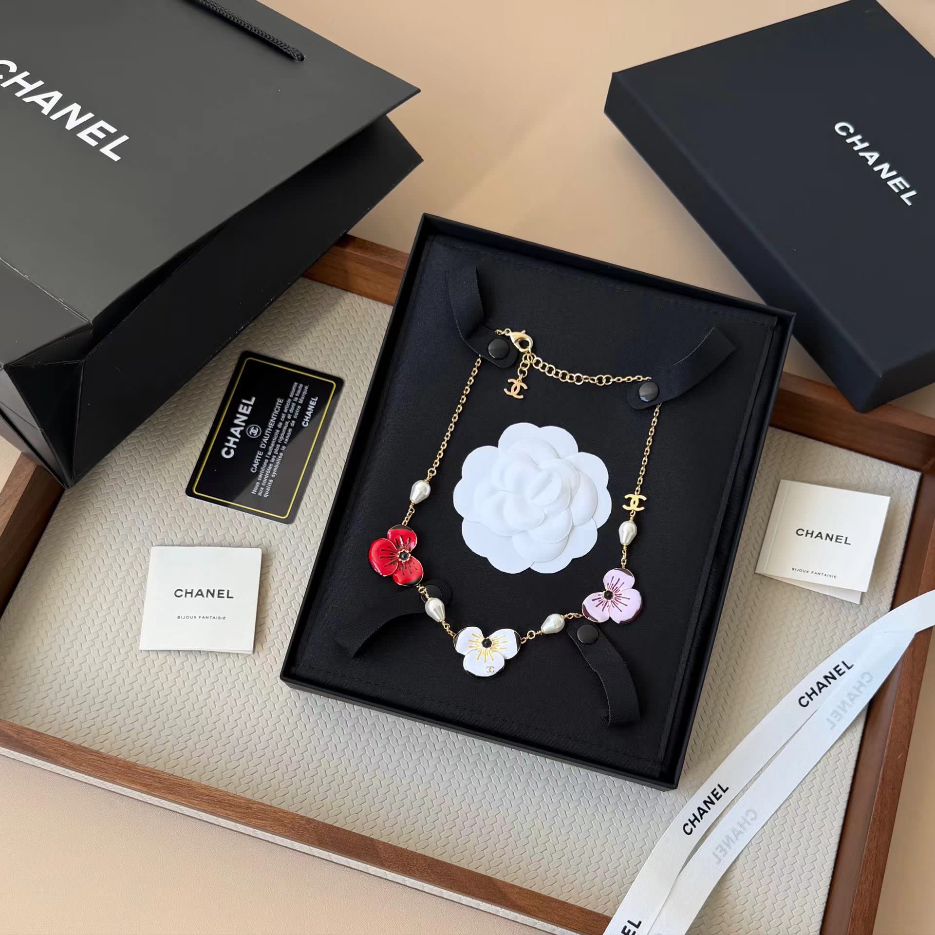 Chanel Enamel Flower and Pearl Necklace