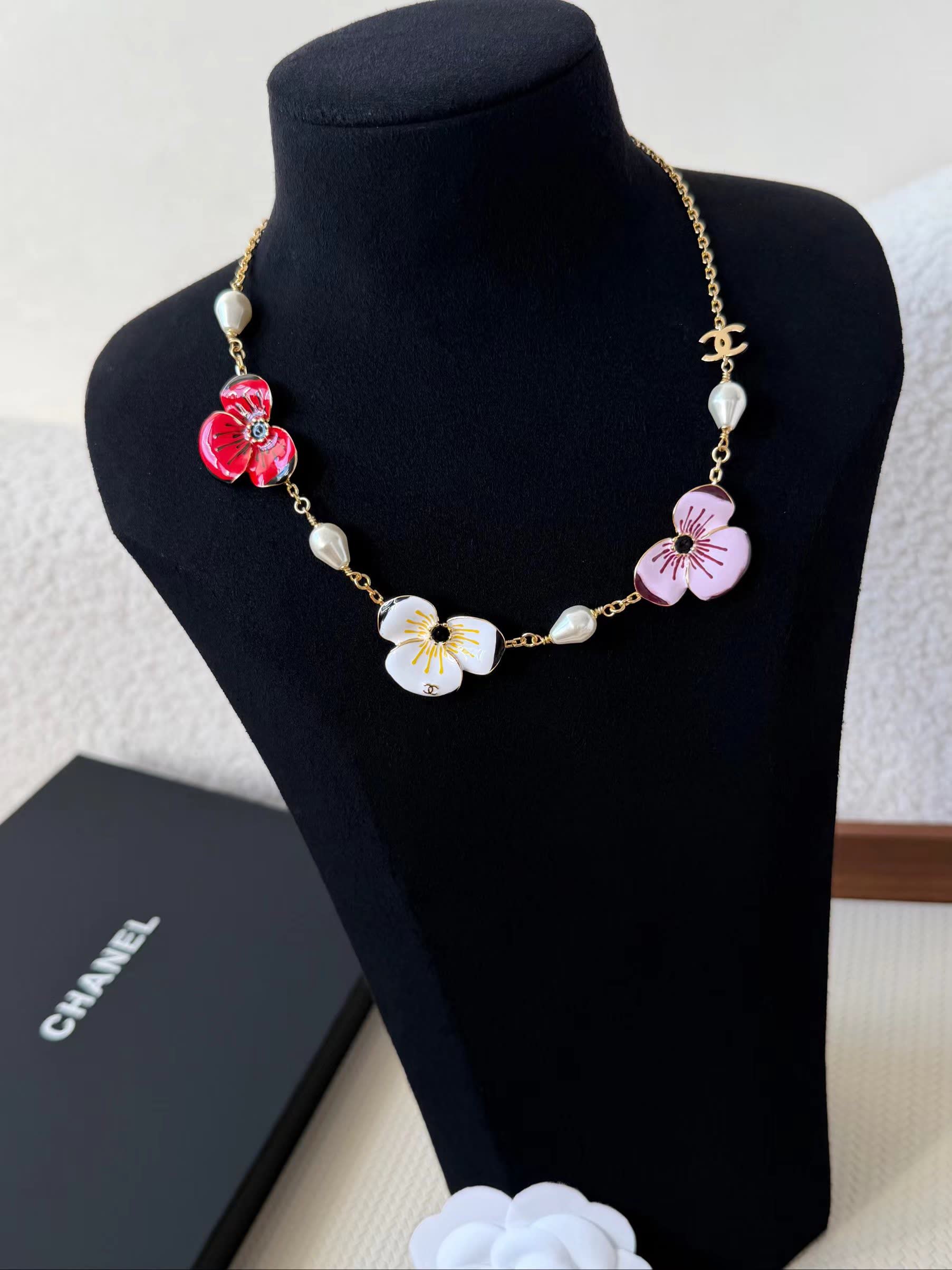 Chanel Enamel Flower and Pearl Necklace