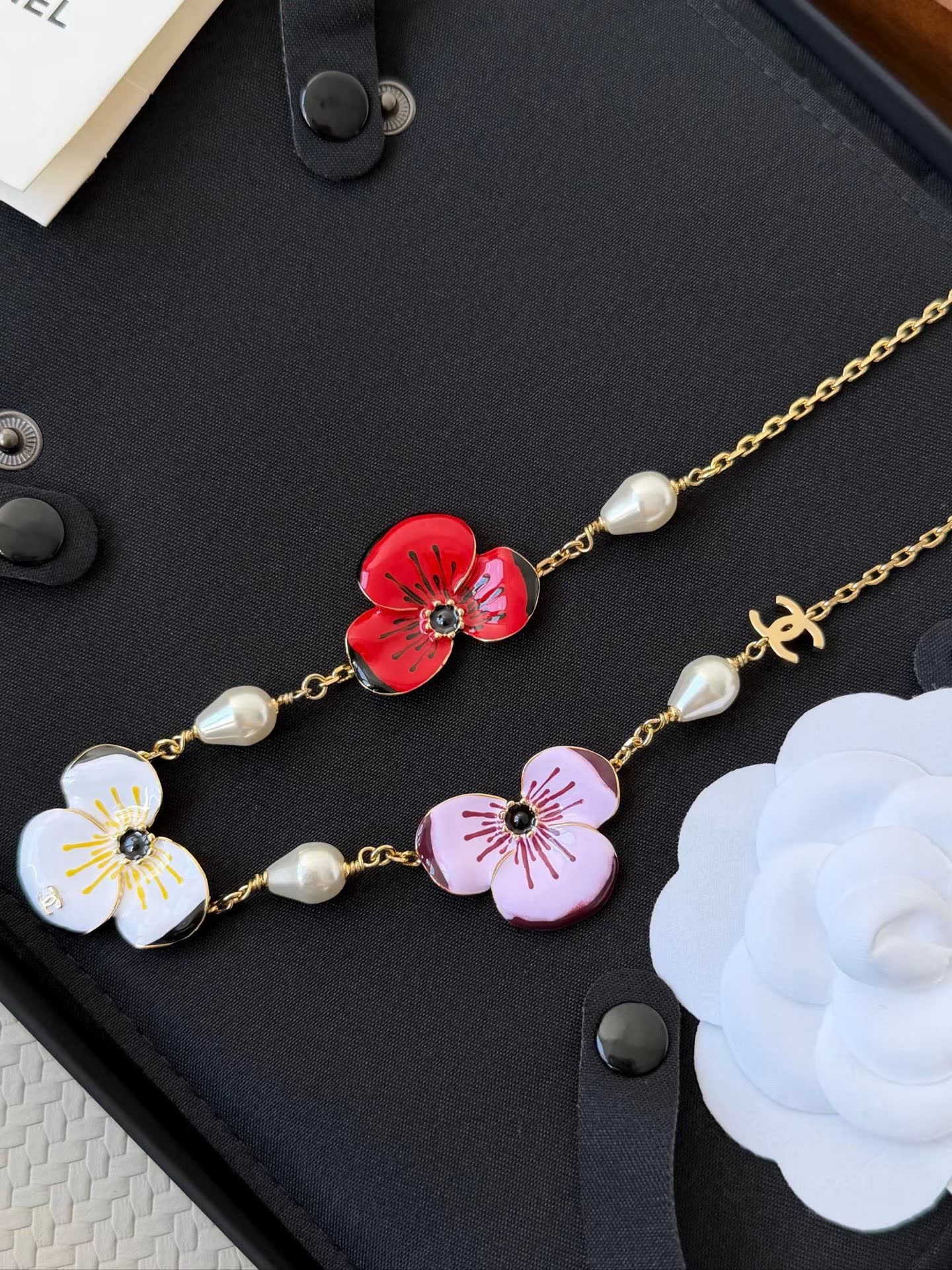 Chanel Enamel Flower and Pearl Necklace