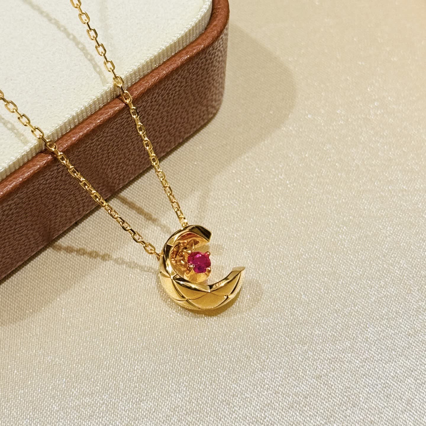 Gold Crescent Moon Ruby Pendant Necklace