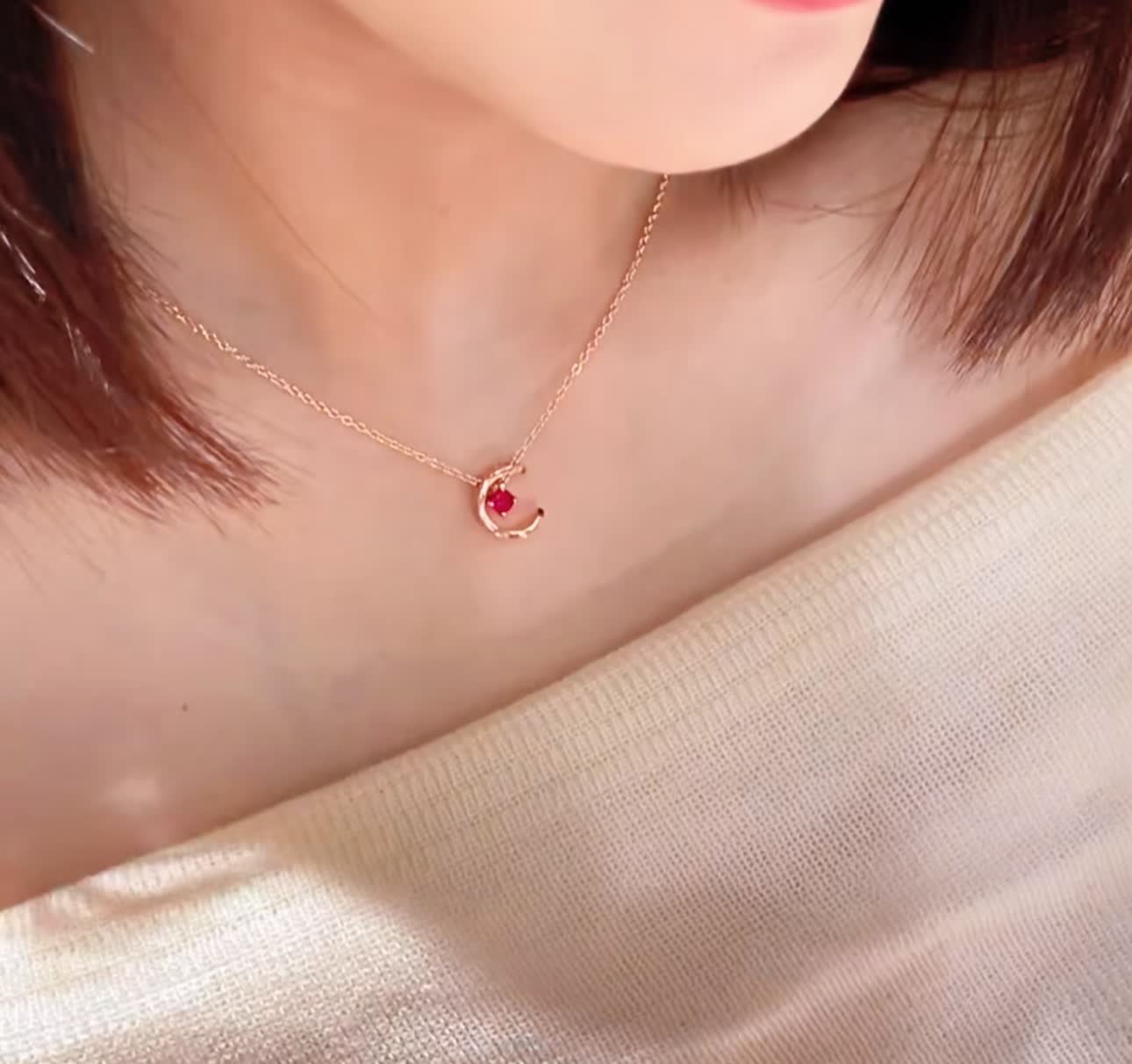 Gold Crescent Moon Ruby Pendant Necklace