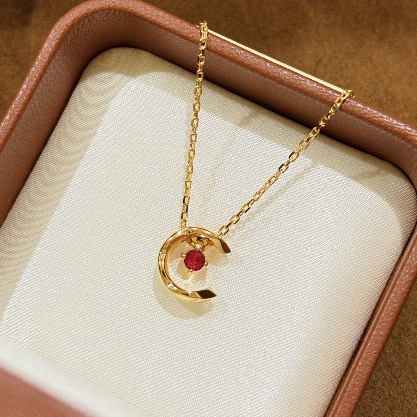 Gold Crescent Moon Ruby Pendant Necklace