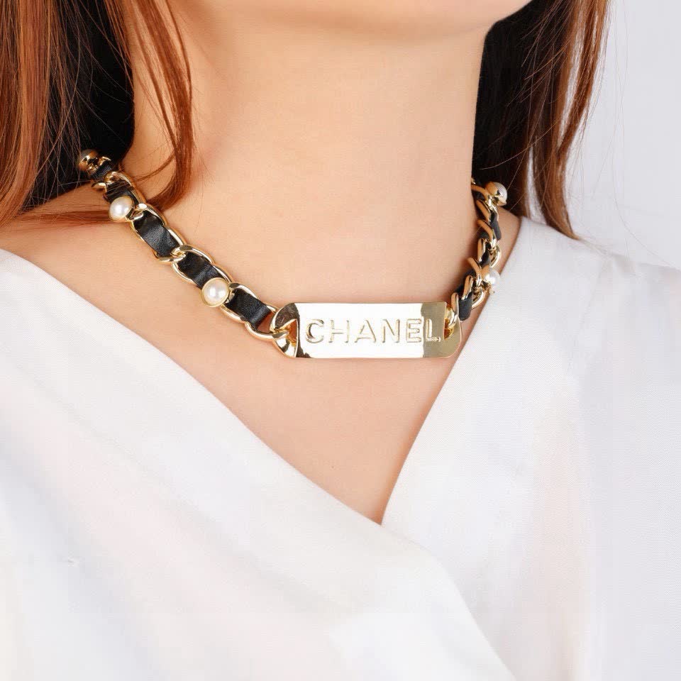 Chanel Gold-tone Leather and Pearl Necklace