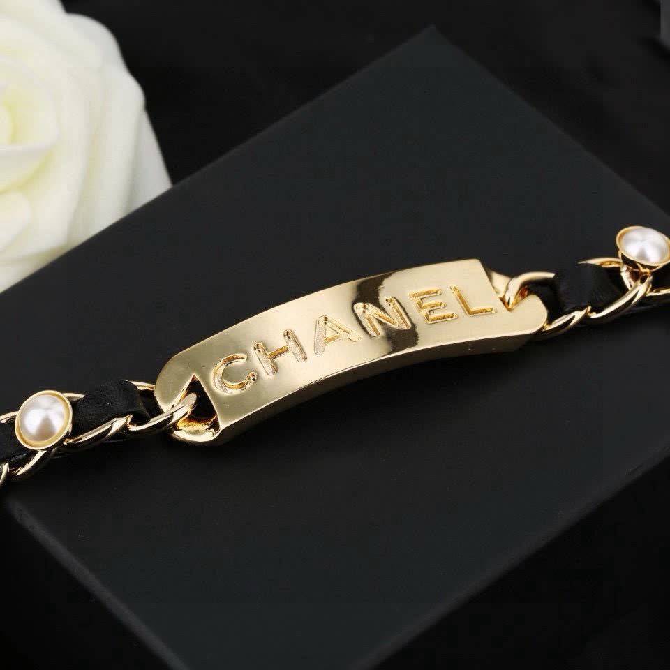 Chanel Gold-tone Leather and Pearl Necklace