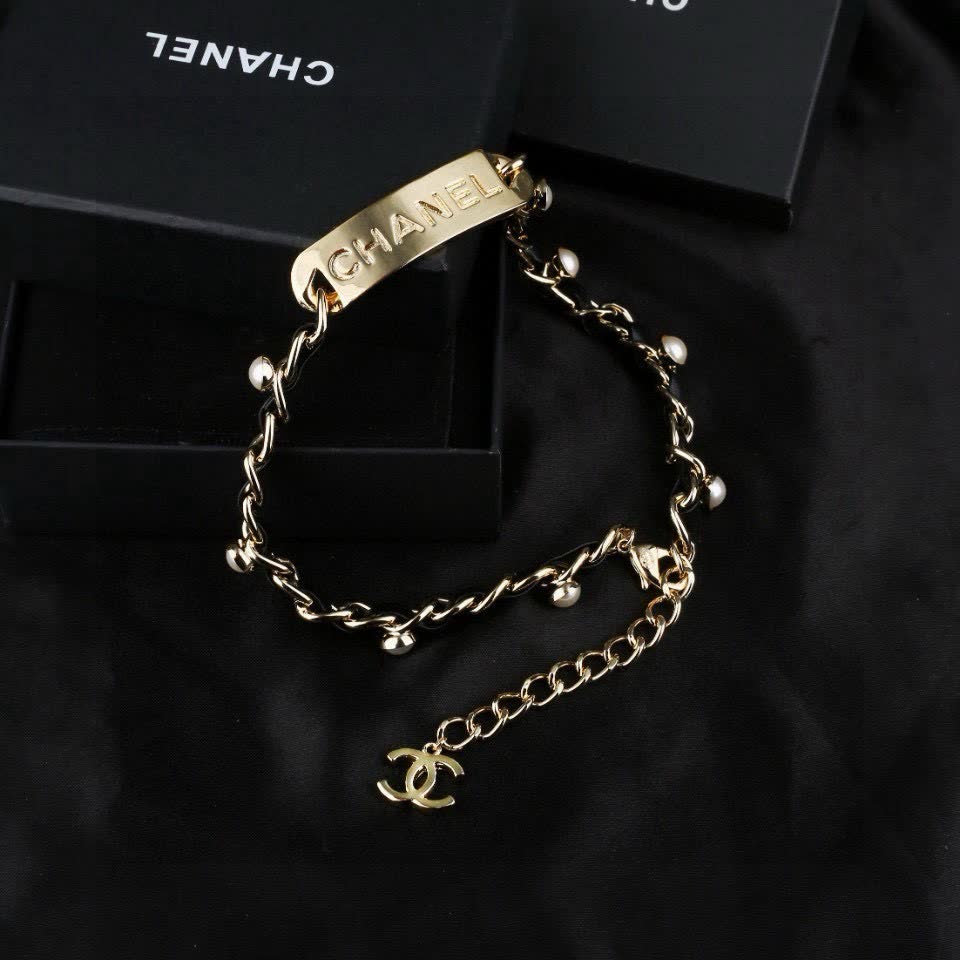 Chanel Gold-tone Leather and Pearl Necklace