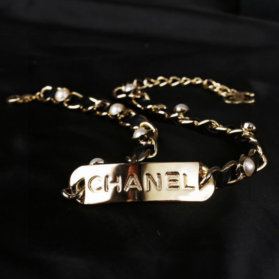 Chanel Gold-tone Leather and Pearl Necklace