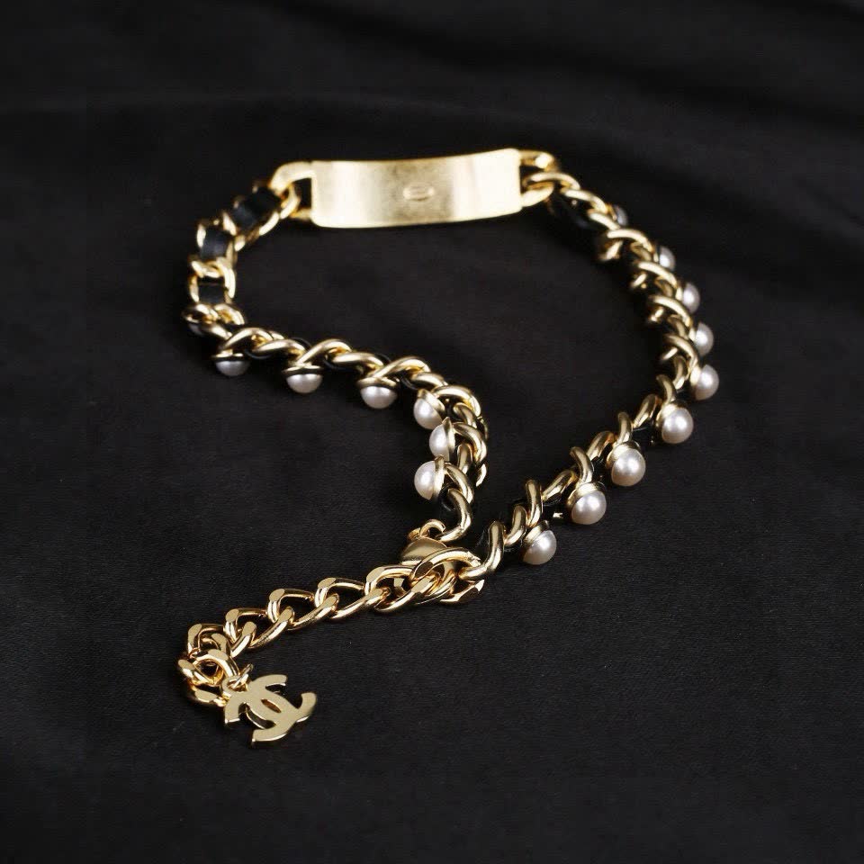 Chanel Gold-tone Leather and Pearl Necklace