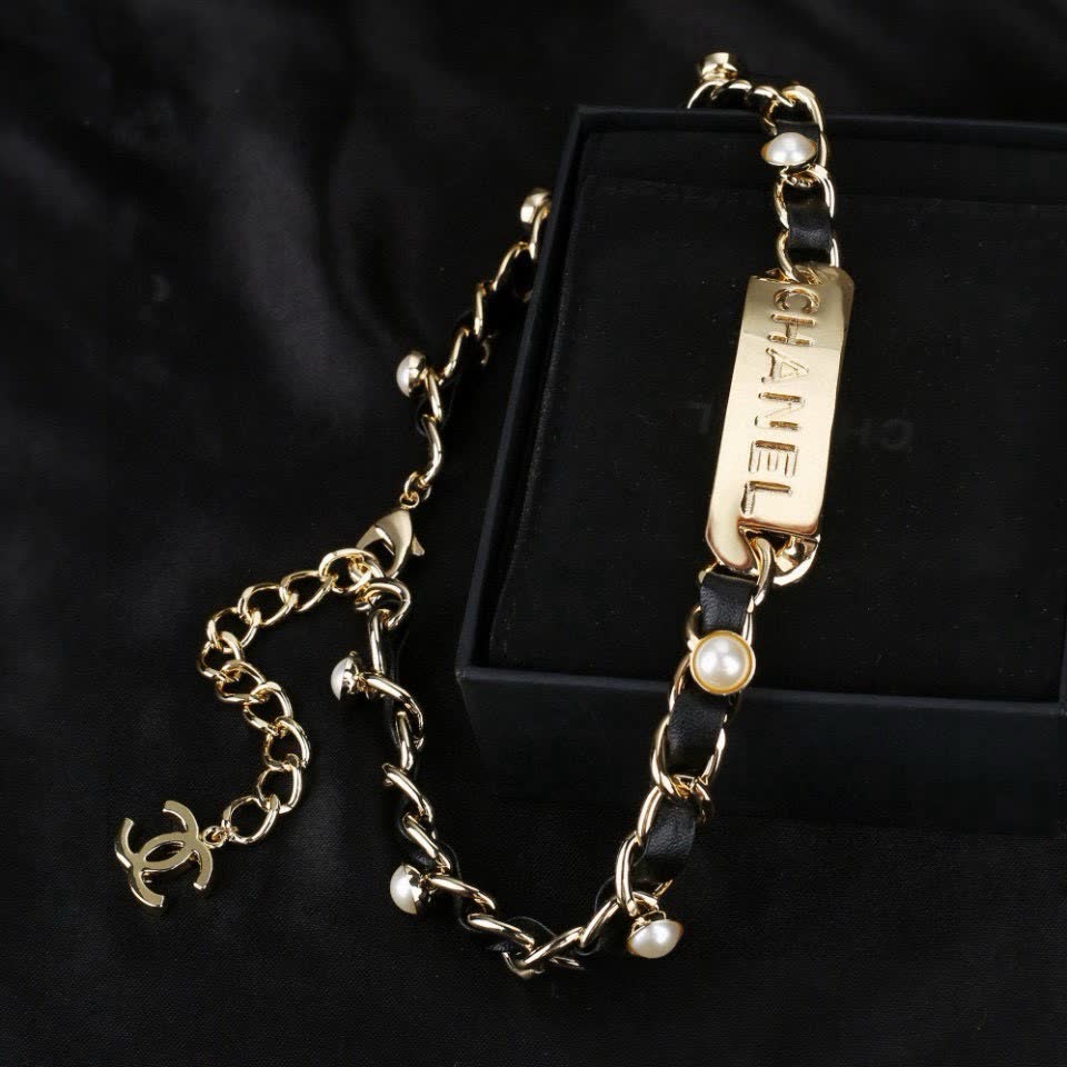 Chanel Gold-tone Leather and Pearl Necklace