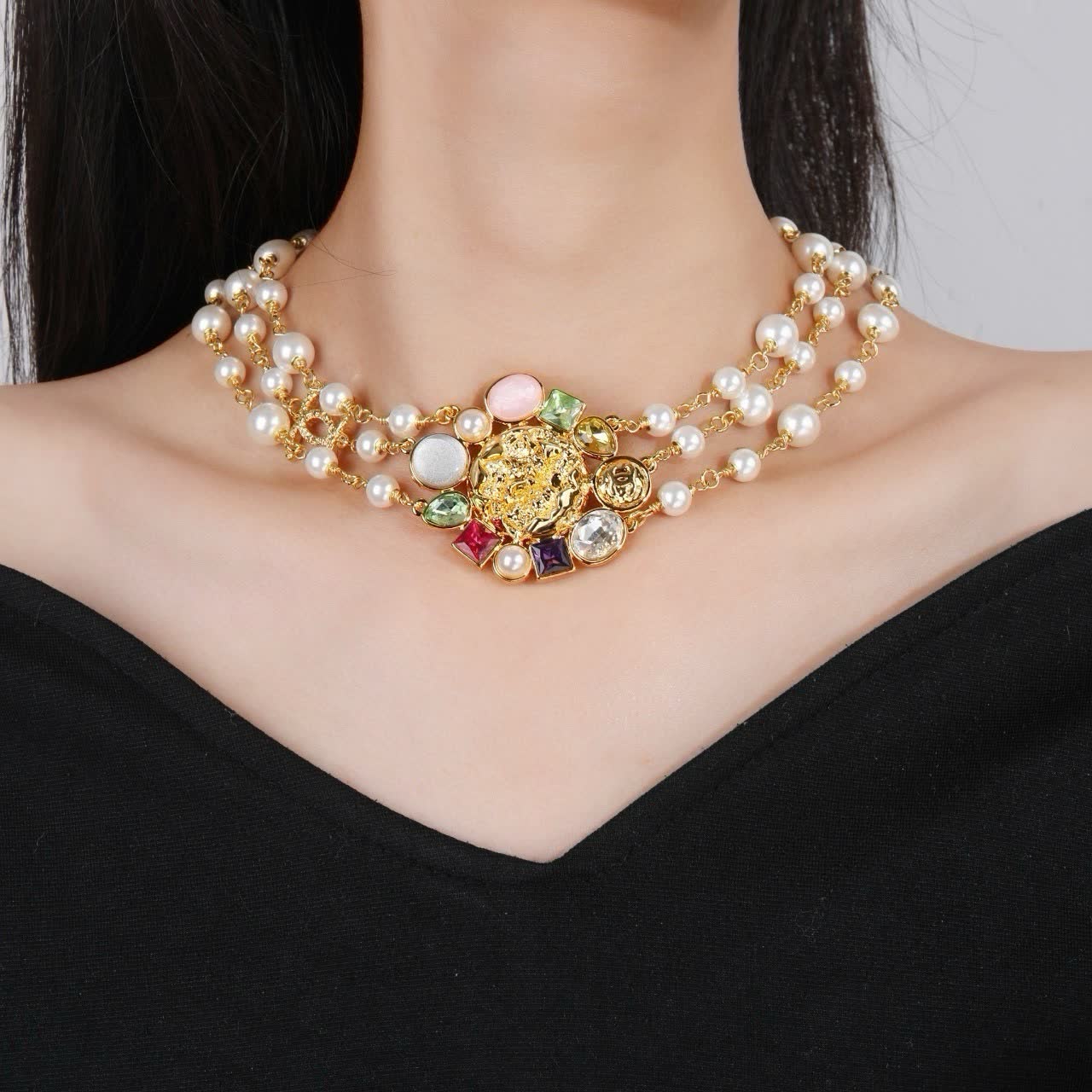 Chanel Elegant Multi-strand Pearl and Gemstone Necklace