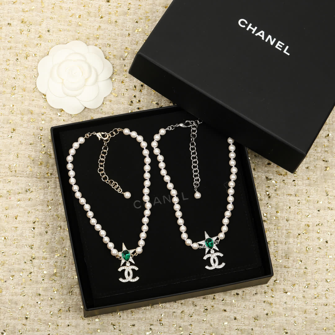 Chanel Pearl Necklace with CC Logo and Green Gemstone