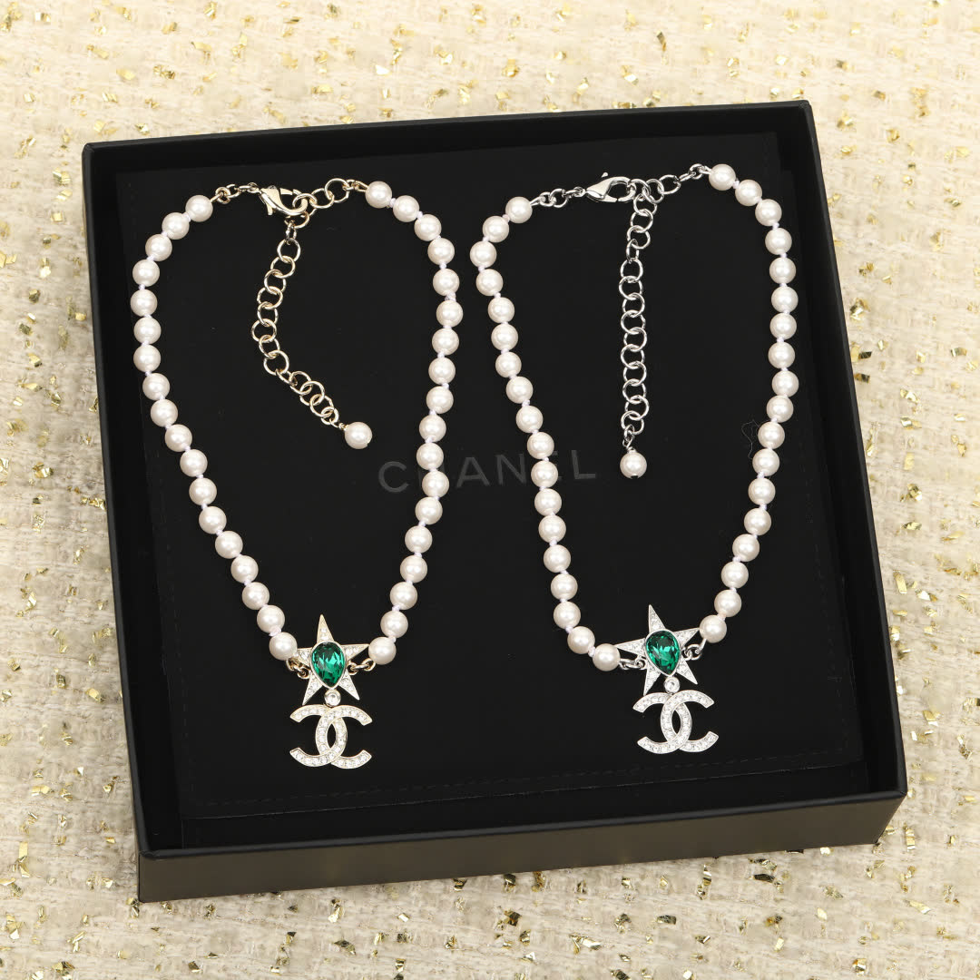 Chanel Pearl Necklace with CC Logo and Green Gemstone