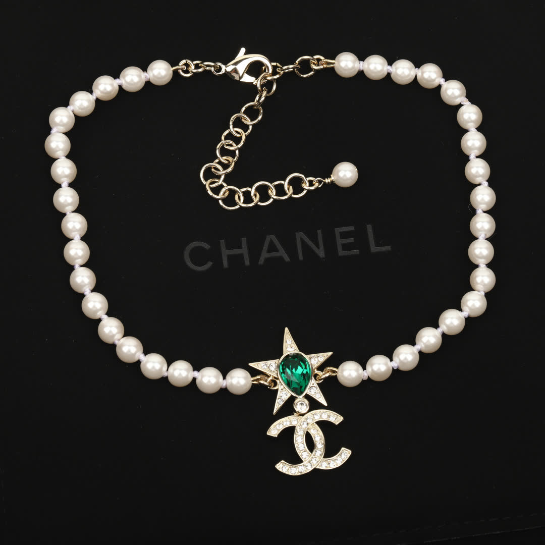 Chanel Pearl Necklace with CC Logo and Green Gemstone