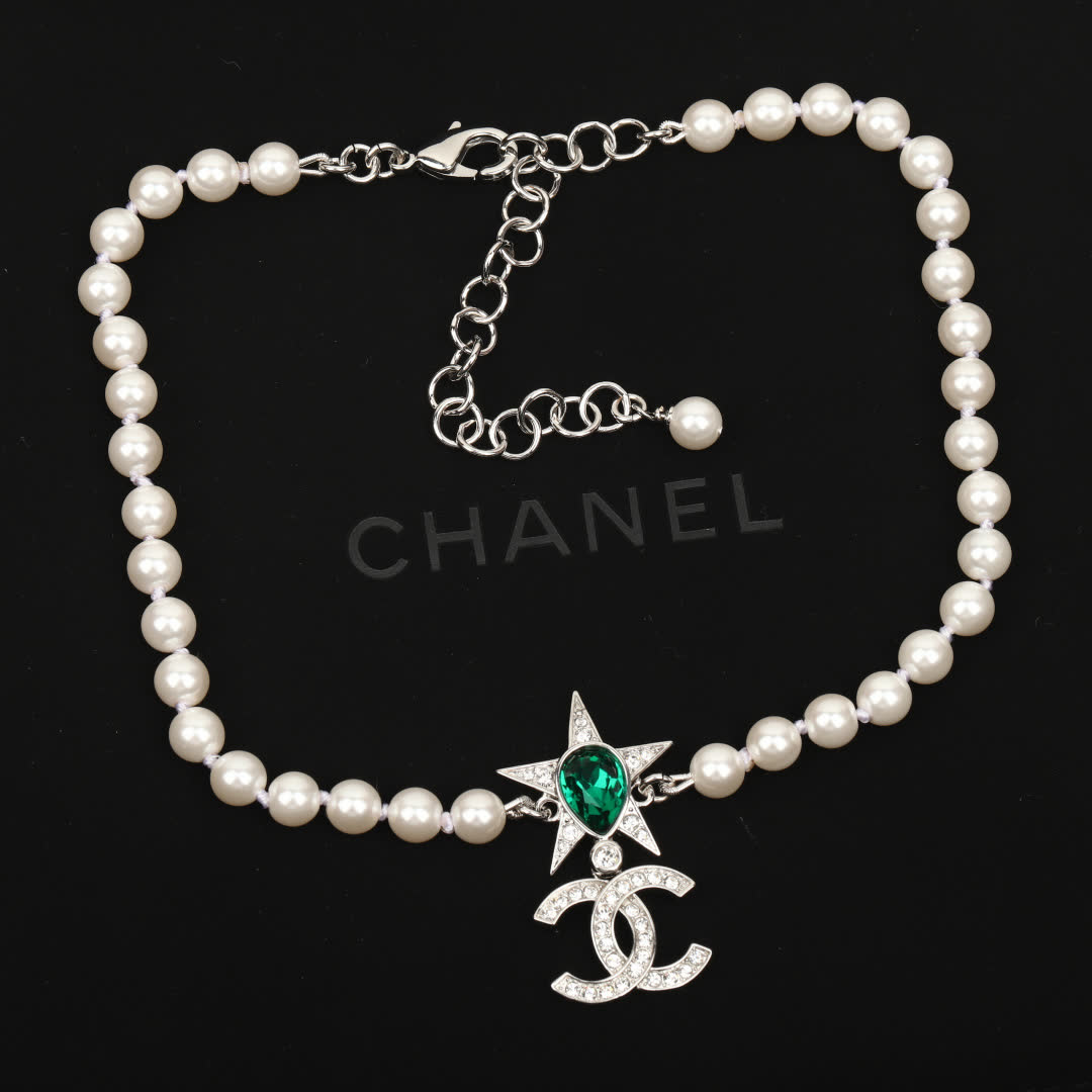 Chanel Pearl Necklace with CC Logo and Green Gemstone