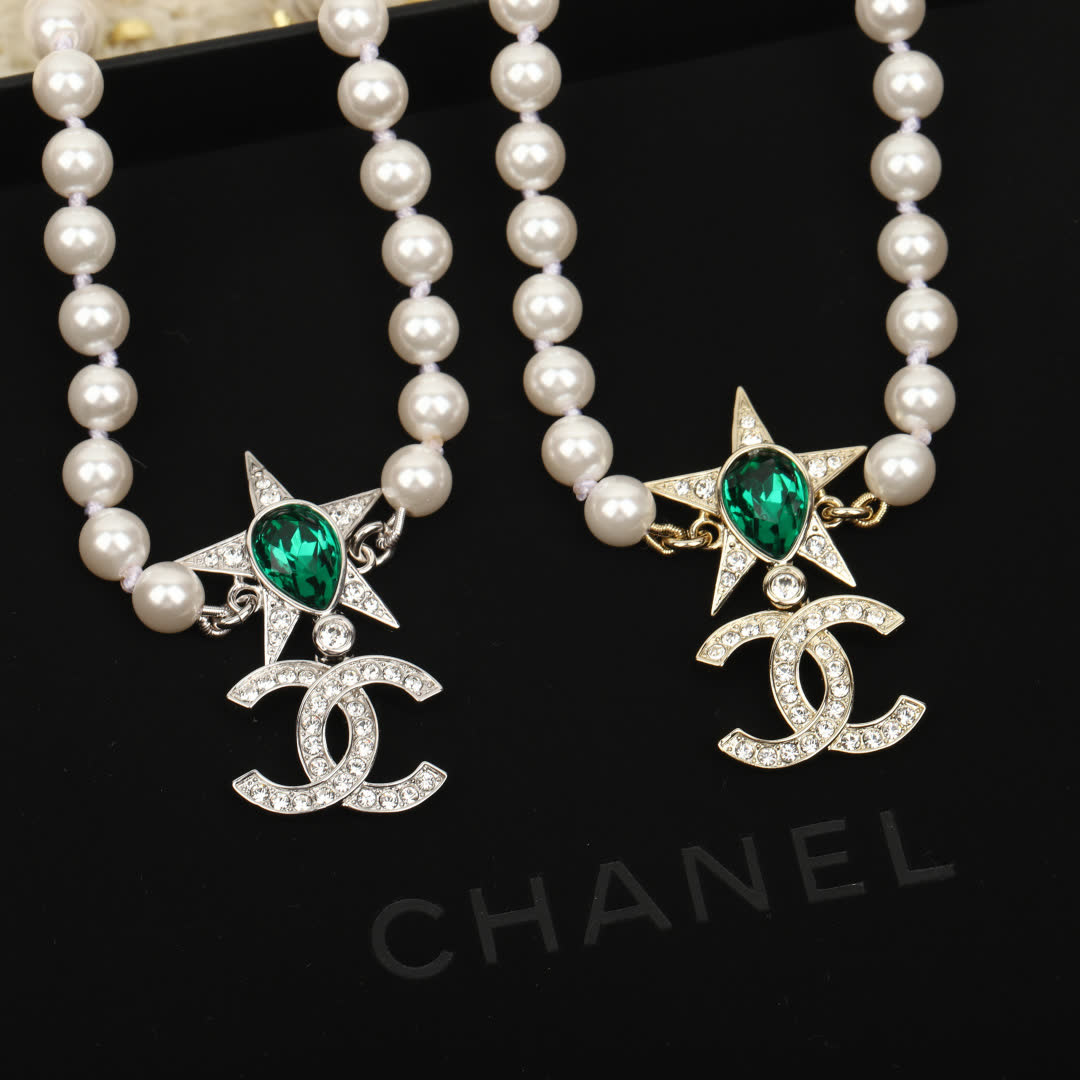 Chanel Pearl Necklace with CC Logo and Green Gemstone