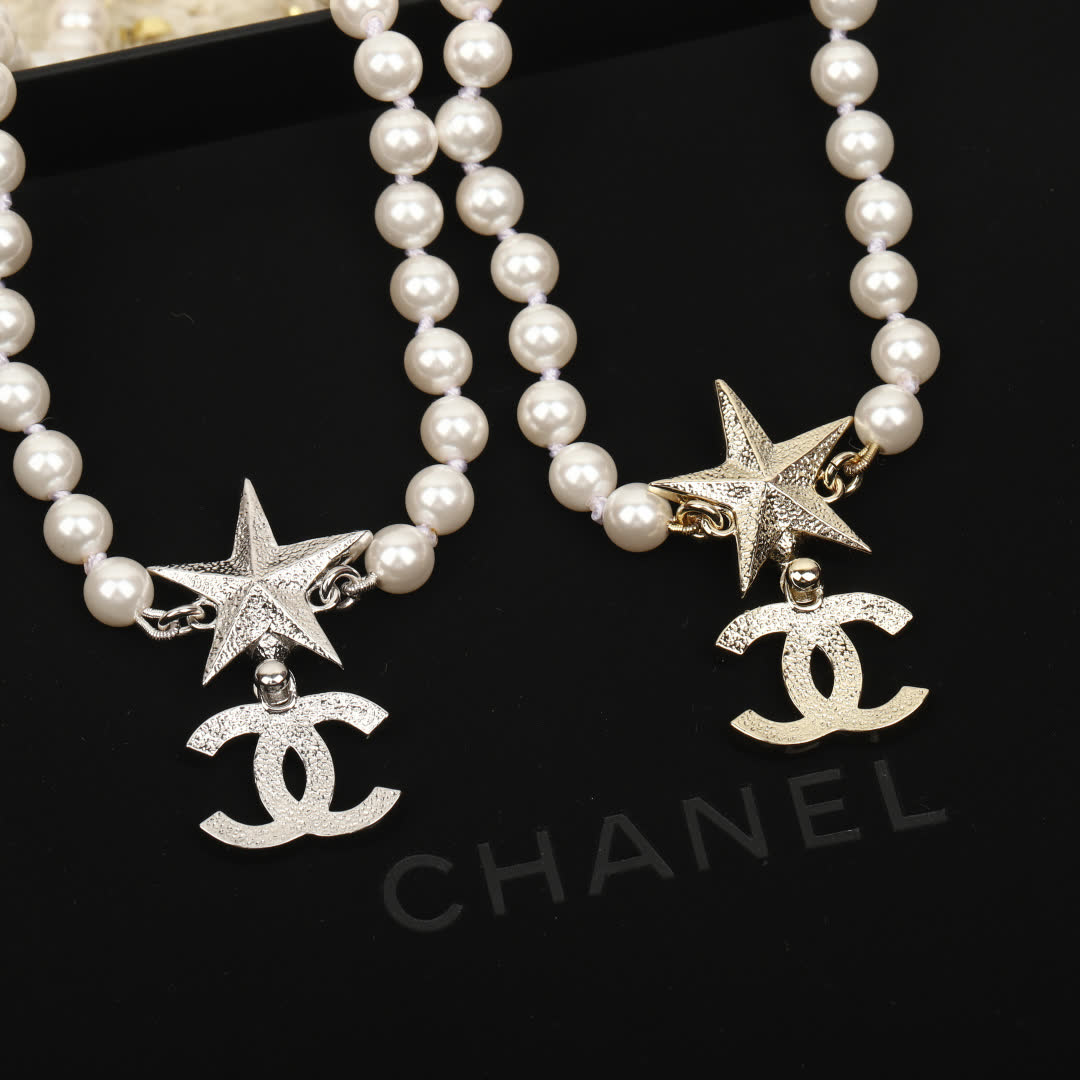 Chanel Pearl Necklace with CC Logo and Green Gemstone
