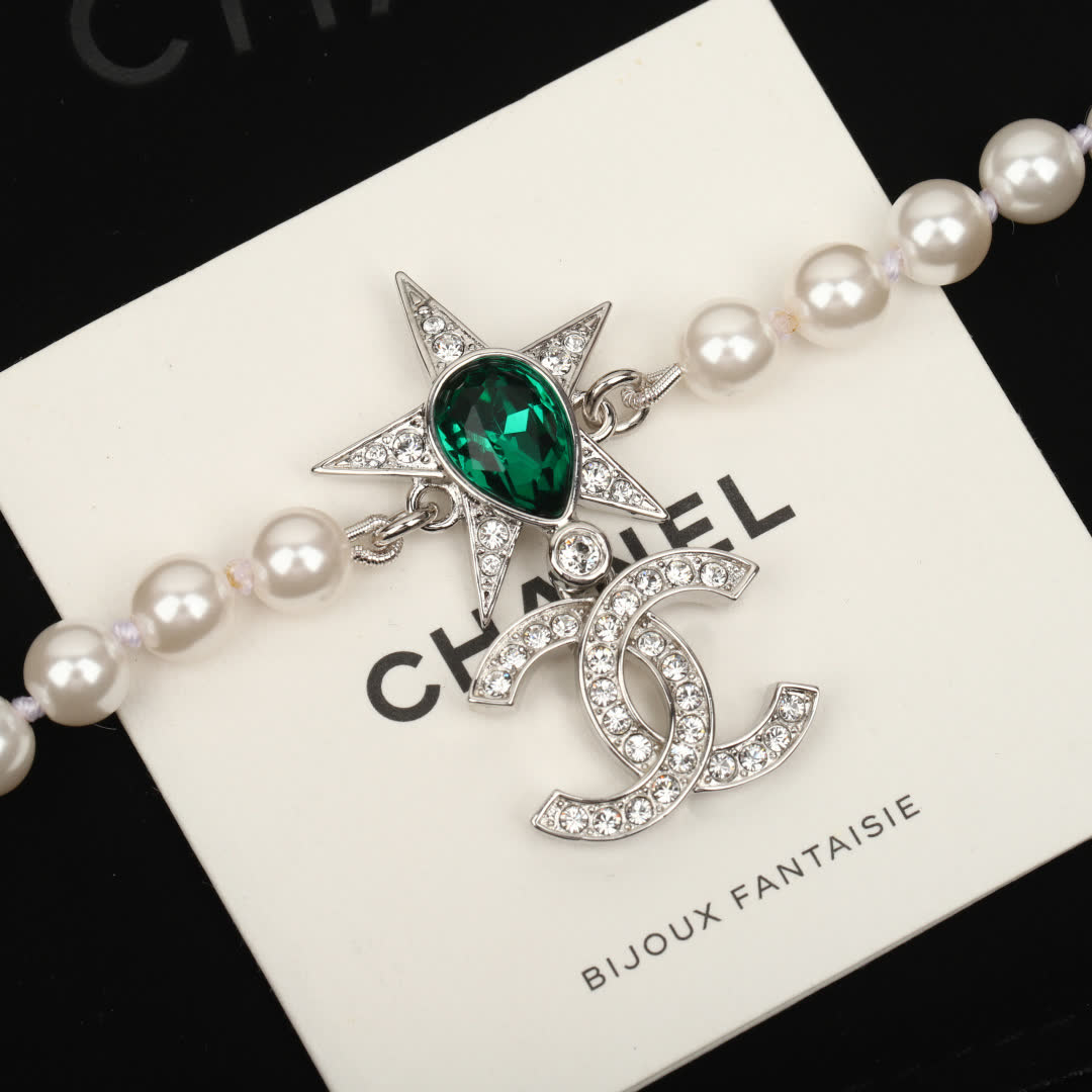 Chanel Pearl Necklace with CC Logo and Green Gemstone