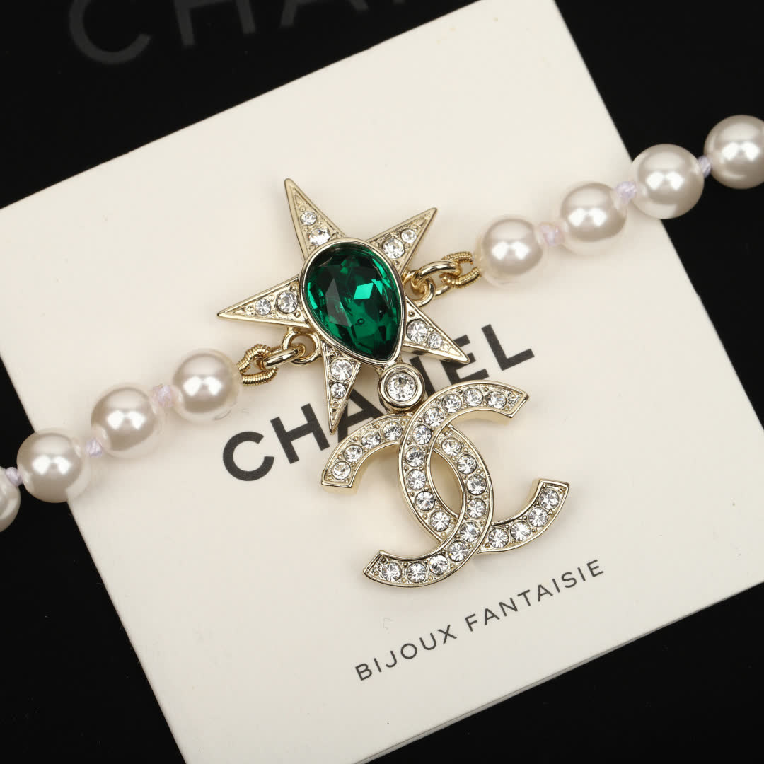 Chanel Pearl Necklace with CC Logo and Green Gemstone