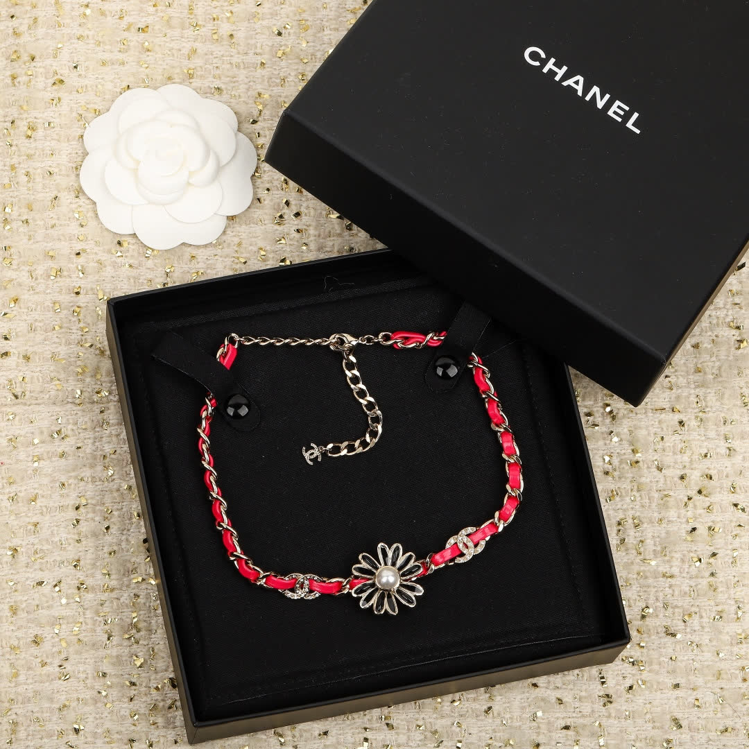 Chanel Red and Silver Flower Necklace