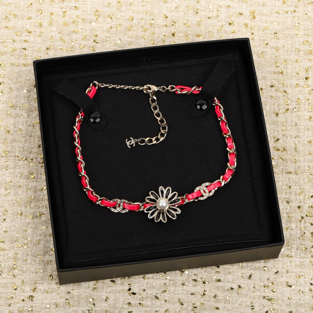 Chanel Red and Silver Flower Necklace